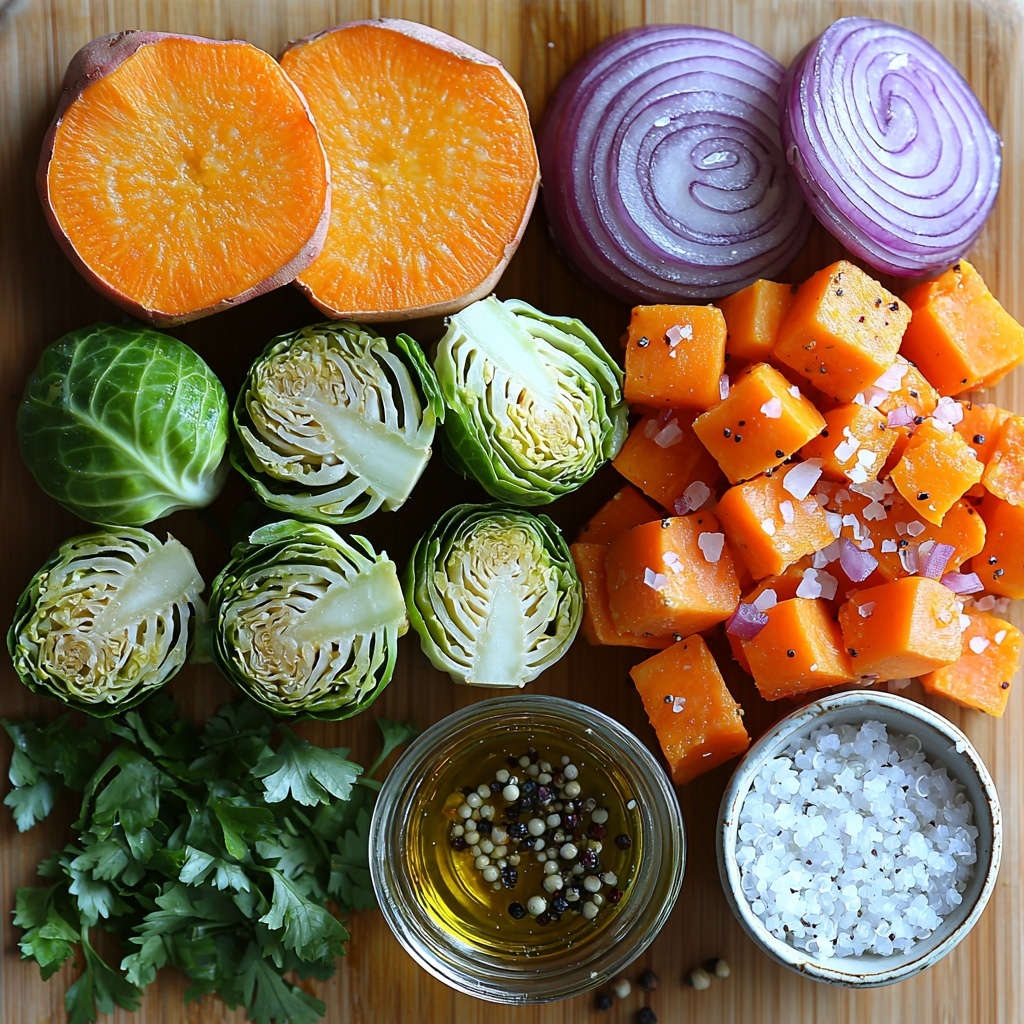 2 cups halved Brussels sprouts with vibrant green color and fresh cut texture, 2 bright orange carrot slices showing smooth surfaces and slight natural curves, 1 cubed sweet potato with rich orange hues and rough edges, 1 sliced red onion featuring purple and white concentric rings, 2 tablespoons golden olive oil in a small glass bowl reflecting light, coarse salt crystals and cracked black pepper scattered nearby, 1 cup fluffy cooked quinoa with soft grain texture grouped neatly, and a small pile of finely chopped bright green parsley leaves for garnish; all ingredients artfully arranged on a clean, light wooden surface with natural, soft diffused lighting that emphasizes the earthy tones and varied textures, styled with minimalist white ceramic dishes and rustic kitchen tools subtly placed on the edges to add warmth and context, gentle shadows enhancing depth and dimension, overhead shot, top down view, flat lay photography, professional food styling --ar 1:1 --q 2 --s 750 --v 6.1