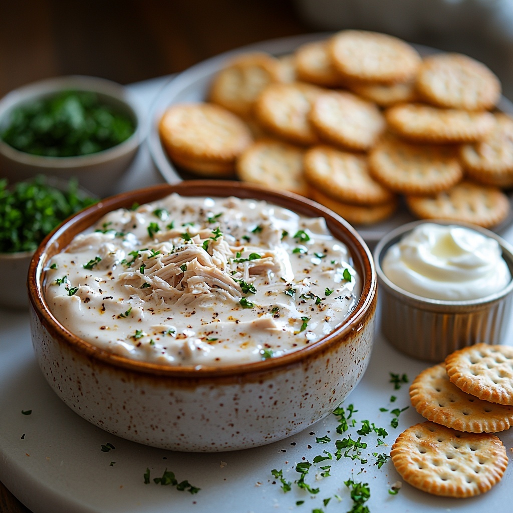 3 cups shredded cooked chicken, a can of cream of chicken soup (10.5 oz) with the label visible, a bowl of creamy sour cream, small bowls of garlic powder and onion powder, a sleeve of Ritz crackers arranged partially opened with some crackers fanned out, melted butter in a small clear glass bowl showing glossy texture, a small pile of chopped fresh parsley, all artfully arranged on a clean white marble surface. The colors range from the warm golden Ritz crackers and butter to the creamy whites of soup and sour cream, with the light beige shredded chicken and fresh green parsley adding contrast. Soft natural lighting highlights the varied textures — flaky crackers, smooth sour cream, and tender chicken — with minimal shadows for a fresh, inviting feel. Some scattered cracker crumbs and a butter knife add casual, authentic touches. Overhead shot, top down view, flat lay photography, professional food styling --ar 1:1 --q 2 --s 750 --v 6.1