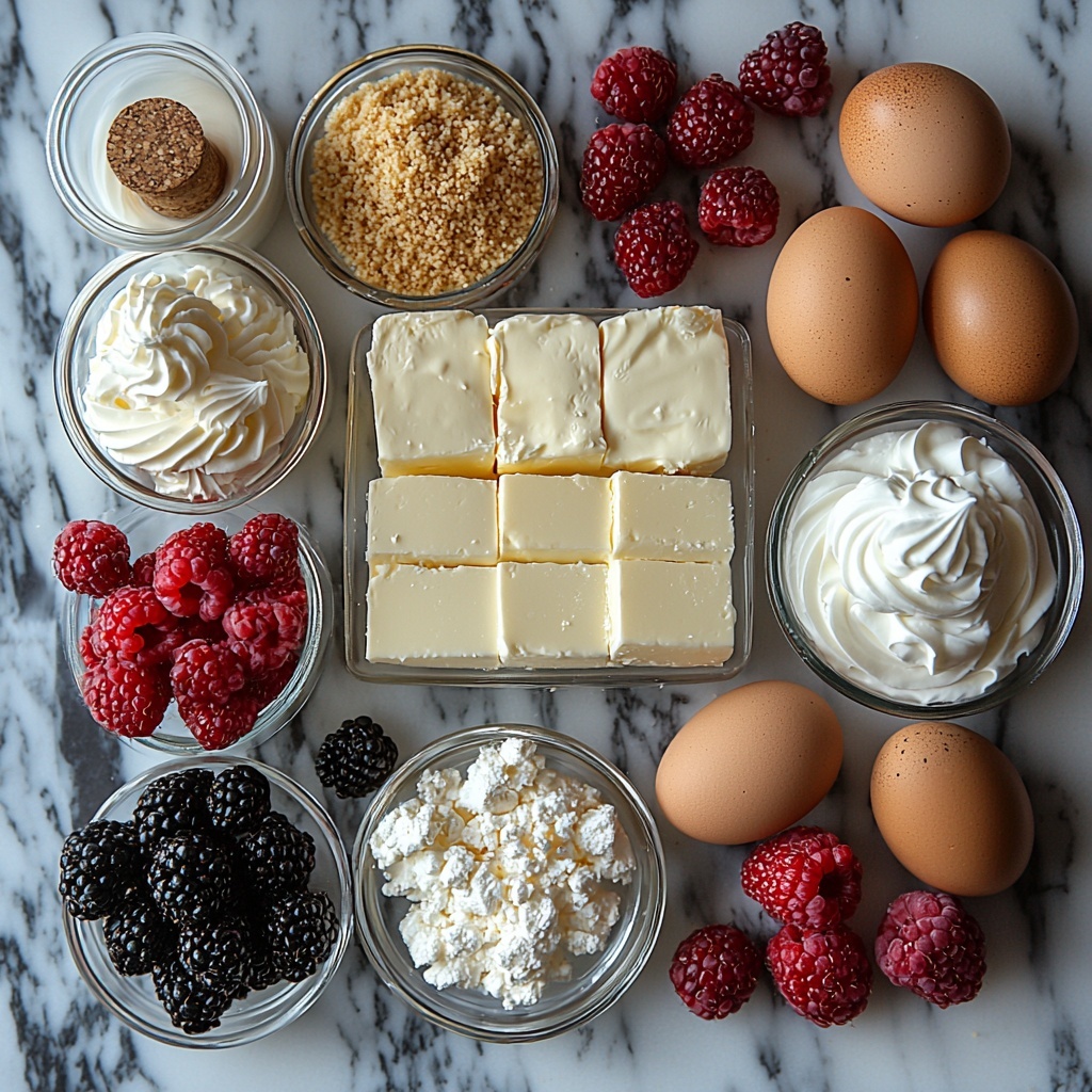 A flat lay arrangement of ingredients for a blackberry raspberry cheesecake on a clean white marble surface. Small glass bowls filled with golden graham cracker crumbs, granulated white sugar, and smooth melted butter glisten softly. A rectangular block of creamy, softened cream cheese rests beside a small bowl of heavy cream with a glossy sheen. Four large brown eggs arranged neatly next to a small glass jar of vanilla extract with a natural cork stopper. Fresh, plump blackberries and vibrant red raspberries scattered artfully to showcase their juicy textures and rich colors. A small bowl of fluffy whipped cream adds a light, airy contrast. The composition is bright, airy, and balanced with natural light highlighting the textures—from the crumbly crackers to the creamy cheese and shiny berries. The styling is clean and minimalistic with subtle shadows creating depth, emphasizing freshness and inviting warmth. Overhead shot, top down view, flat lay photography, professional food styling --ar 1:1 --q 2 --s 750 --v 6.1