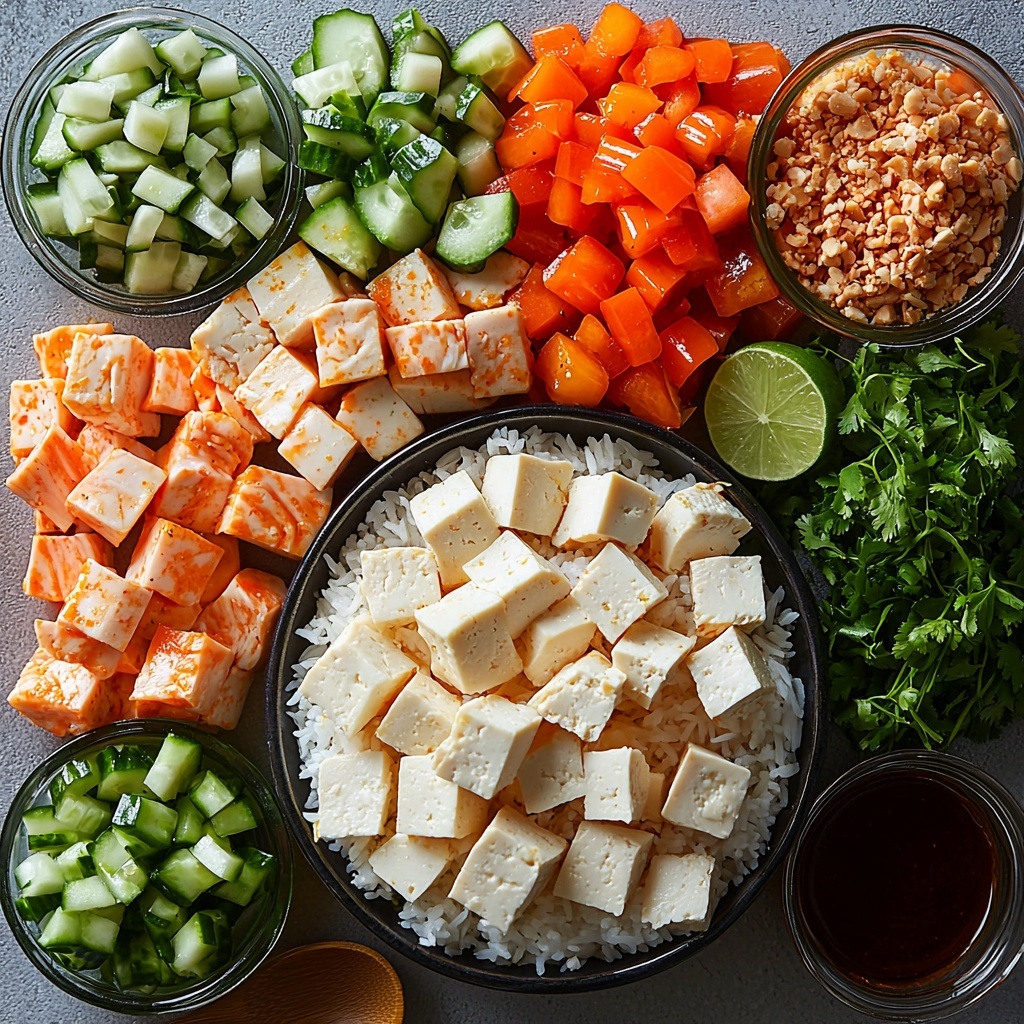 A vibrant flat lay of fresh ingredients for a Banh Mi Rice Bowl arranged neatly on a clean white surface: a small bowl of fluffy white jasmine rice with delicate grains visible; raw sliced chicken breast or firm tofu cubes, pale pink and creamy white respectively, arranged in a fan shape; a small glass bowl of amber-colored vegetable oil; tiny bowls containing glossy dark soy sauce, golden honey or light brown sugar, and translucent fish sauce; finely minced fresh garlic and ginger displayed in small white ceramic spoons; a colorful pile of bright orange pickled carrots and white daikon sticks with a glossy sheen; thinly sliced crisp cucumber rounds with pale green skin and translucent centers; vibrant red bell pepper strips with a slight shine; a bunch of fresh chopped cilantro, vivid green and leafy; thin rings of green jalapeño with seeds visible for optional heat; bright lime wedges showing juicy pulp and textured rind; a small jar of deep red Sriracha sauce for drizzling. The arrangement showcases a balance of colors—whites, greens, reds, and oranges—with contrasting textures from soft tofu and chicken to crunchy vegetables and glossy sauces. Soft natural lighting highlights freshness and saturation, shadows are gentle, styling includes minimal rustic props like a wooden spoon and linen napkin partially visible at edges for warmth and authenticity. Overhead shot, top down view, flat lay photography, professional food styling --ar 1:1 --q 2 --s 750 --v 6.1