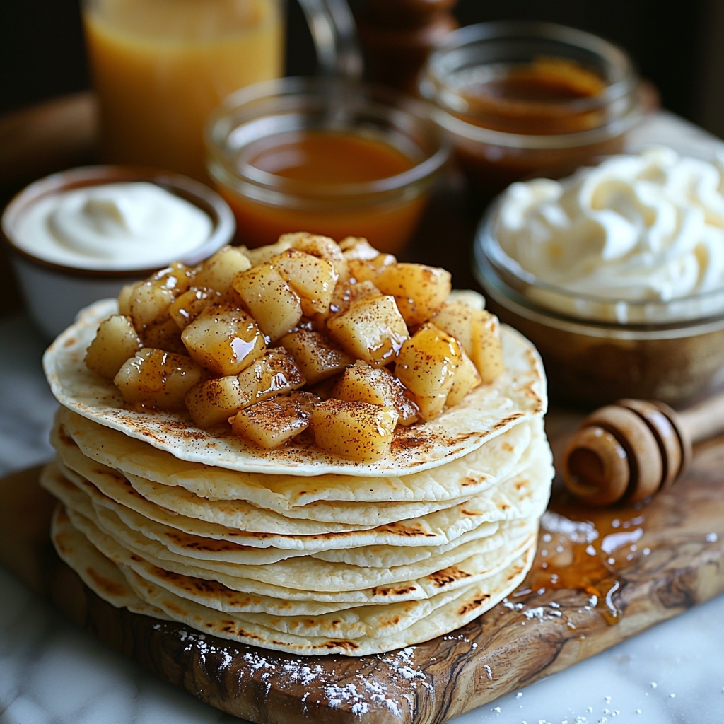 flour tortillas stacked neatly, soft and light beige with subtle texture; small clear glass bowl of finely chopped cinnamon apples mixed with brown sugar, cinnamon, and nutmeg, warm golden and brown hues with visible apple chunks; ramekin of smooth cream cheese softened, ivory white, next to a small bowl of powdered sugar, bright white and fine; tiny dish of dark amber vanilla extract; small pat of unsalted butter, pale yellow, resting on a white ceramic butter dish; small wooden spoon with brown sugar crystals; scattering of ground cinnamon and nutmeg in small heaps on the surface, warm reddish-brown and soft tan powders; drizzle lines of rich golden caramel sauce and amber honey in glass containers; fluffy swirls of white whipped cream in a small bowl; light dusting of powdered sugar artfully sprinkled across the scene; ingredients arranged organically on a clean white marble surface with natural soft daylight, creating contrasting textures of creamy, crunchy, and sticky elements, warm inviting autumnal tones, subtle shadows enhancing depth, minimalistic and elegant styling focused on freshness and homeliness, overhead shot, top down view, flat lay photography, professional food styling --ar 1:1 --q 2 --s 750 --v 6.1