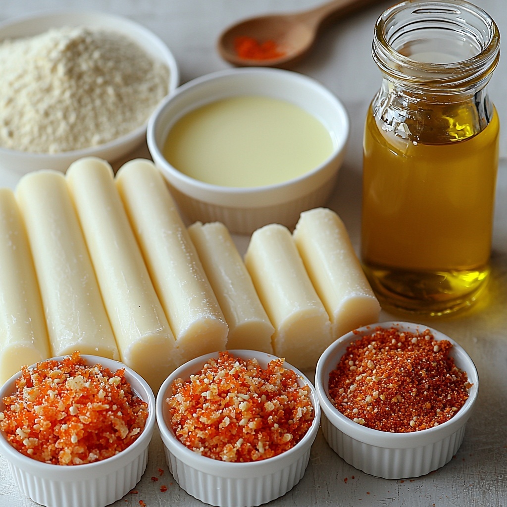 Mozzarella cheese sticks neatly aligned in a row, smooth white and slightly glossy; small white bowl with beaten eggs, pale yellow and silky; shallow white dishes arranged side by side containing bright orange crushed Doritos with vibrant red and yellow seasoning specks, fine off-white all-purpose flour with soft powdery texture, and golden fine breadcrumbs with a slightly coarse grainy texture; a small glass jug of clear vegetable oil with a subtle shine nearby; all ingredients placed thoughtfully on a clean matte white surface that enhances the vividness of colors; soft natural lighting casting gentle shadows to emphasize textures and depth; minimalistic styling with slight rustic touches like a crumpled linen napkin in neutral tones and a wooden spoon subtly placed to add warmth; composition balanced with negative space for a fresh, inviting look — overhead shot, top down view, flat lay photography, professional food styling --ar 1:1 --q 2 --s 750 --v 6.1