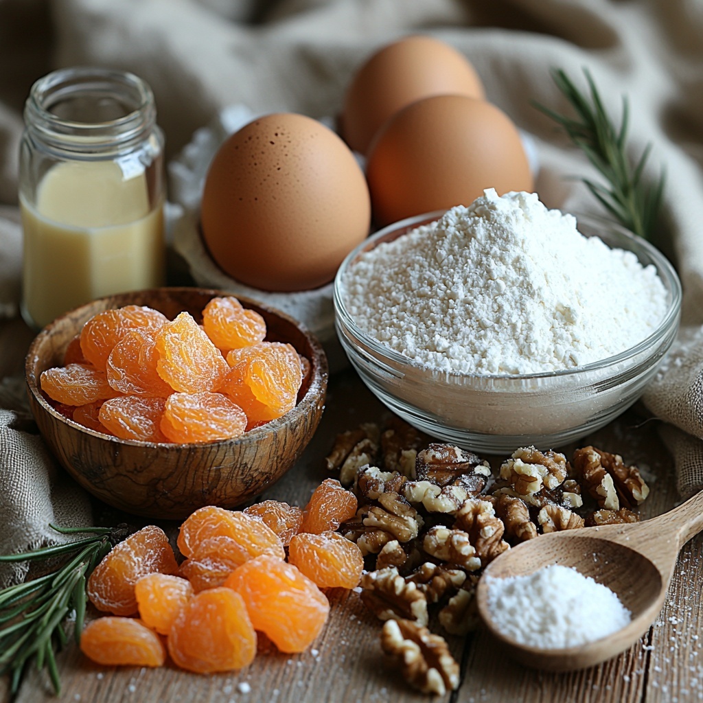 Softened butter in a small glass bowl, a neat pile of golden brown granulated sugar crystals, a rustic heap of all-purpose flour spilling slightly from a wooden scoop, vibrant orange dried apricots chopped and scattered, two large brown eggs resting side by side, a bowl of moist packed brown sugar with deep caramel tones, a small dish containing baking powder and a pinch of salt highlighted against a white ceramic plate, a small glass jar of pure vanilla extract with a slight amber glow, a rustic pile of chopped walnuts showing rich browns and creamy interiors, a delicate mound of sweetened flaked coconut with light snowy texture, and a porcelain bowl filled with fine white powdered sugar dusted lightly around the edges. These ingredients are artfully arranged on a clean, light wooden surface with soft natural light casting gentle shadows to emphasize texture and color contrast. Small linen napkins and a wooden spoon add a warm, cozy styling feel. Shadows and highlights enhance the natural tones and subtle details of each ingredient. Overhead shot, top down view, flat lay photography, professional food styling --ar 1:1 --q 2 --s 750 --v 6.1