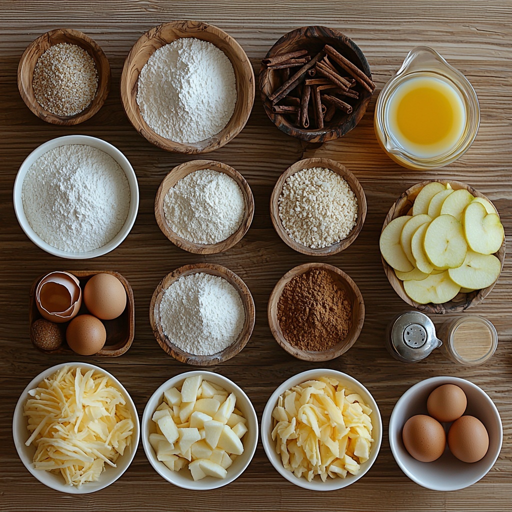 A flat lay of main ingredients for Mini Apple Fritter Waffle Donuts neatly arranged on a clean, light wooden surface. Include small bowls containing all-purpose flour, granulated sugar, baking powder, cornstarch, powdered sugar, and cinnamon sugar with visible fine, powdery textures. Display small piles of ground cinnamon and nutmeg with warm brown tones next to them. Show one whole large egg with smooth shell, a small glass cup of pale golden oil, and a small ceramic jug of creamy milk with a slight gloss. Present a heap of freshly shredded apples showcasing crisp white flesh with hints of red skin. Include a small dish of vanilla extract, dark amber in color, in a glass container. Arrange everything symmetrically with balanced spacing, using minimalist white ceramic bowls and natural wooden spoons to add rustic charm. Soft, natural light casting gentle shadows enhances the subtle textures and warm colors. The overall composition is clean and inviting, emphasizing freshness and wholesome ingredients. overhead shot, top down view, flat lay photography, professional food styling --ar 1:1 --q 2 --s 750 --v 6.1