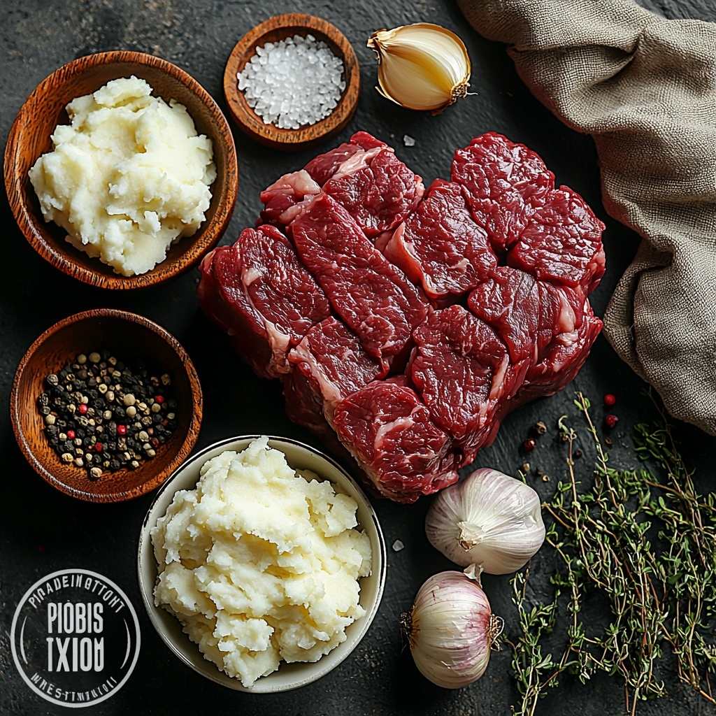 beef chuck roast raw with rich deep red color and marbling, peeled whole onion chopped into medium pieces, two garlic cloves peeled and minced showing fine texture, small bowl of dark brown Worcestershire sauce with glossy surface, measuring spoon with dried thyme herbs light green and fine, coarse salt crystals sparkling white, freshly ground black peppercorns scattered with matte black texture, clear glass measuring cup filled with rich brown beef broth, creamy smooth mashed potatoes in a white ceramic bowl with soft peaks, all ingredients artfully arranged on a clean white surface with natural soft daylight, subtle shadows enhancing textures, rustic wooden utensils and linen napkin in neutral tones softly framing the composition, overhead shot, top down view, flat lay photography, professional food styling --ar 1:1 --q 2 --s 750 --v 6.1
