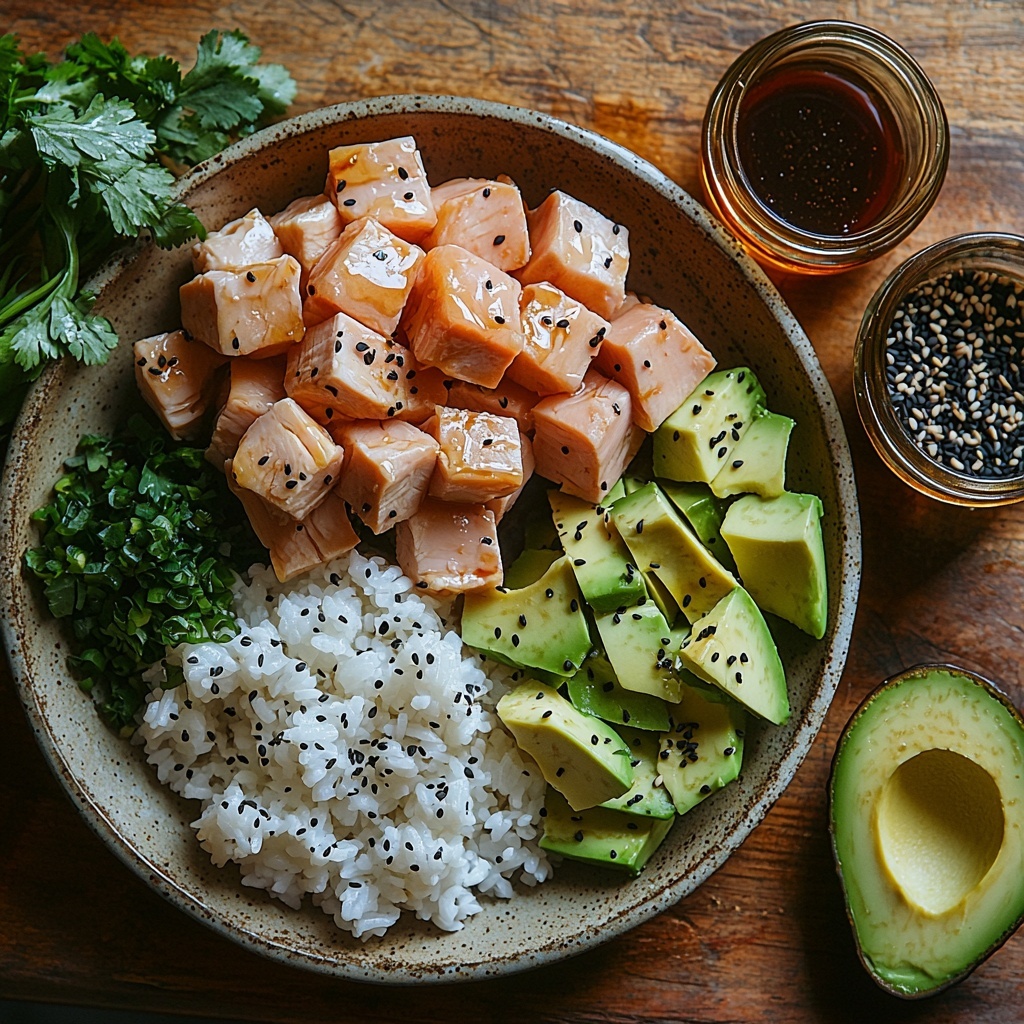 A clean, light wooden surface showcasing an artful flat lay arrangement of main ingredients for Teriyaki Chicken Avocado Rice Stack: a bowl of glossy, steaming white sushi rice next to a small dish of rice vinegar with sugar and salt sprinkled nearby; two raw chicken breasts diced into neat cubes on a rustic ceramic plate; a small bowl of dark amber soy sauce beside a honey jar with golden honey glistening; a delicate glass container of pale mirin and a small ramekin of rich, glossy sesame oil; a perfectly ripe avocado sliced into vibrant green, creamy wedges fanned out elegantly; scattered black and white sesame seeds adding texture; fresh bright green cilantro sprigs placed thoughtfully for a pop of color; and a small dish of fiery red-orange sriracha adding contrast. The ingredients are arranged with balanced spacing and varied textures, capturing warm, natural light to highlight the glossy sheen of the teriyaki marinade and the creamy avocado flesh, accented by soft shadows for depth. Overhead shot, top down view, flat lay photography, professional food styling --ar 1:1 --q 2 --s 750 --v 6.1