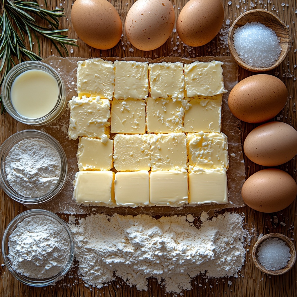 Softened unsalted butter in a smooth pale yellow slab, creamy white cream cheese block, a pile of fine white granulated sugar sparkling slightly, six large brown eggs arranged in a neat row, a heap of white all-purpose flour with a light dusting texture, a small glass bowl of clear golden vanilla extract, and a tiny dish with fine white salt crystals, all neatly spaced on a clean, light wooden surface with subtle natural grain. Soft, natural daylight casting gentle shadows, minimalistic styling with a touch of rustic charm, a few scattered flour particles and a wooden spoon for texture contrast. Overhead shot, top down view, flat lay photography, professional food styling --ar 1:1 --q 2 --s 750 --v 6.1