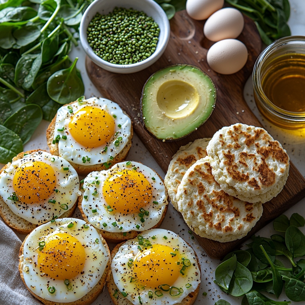 4 large eggs in a small white bowl, 1 tablespoon white vinegar in a clear glass container, 2 split and toasted golden-brown English muffins stacked neatly, 1/2 cup melted unsalted butter in a small ceramic jug, 3 bright yellow egg yolks in a glass ramekin, 1 tablespoon fresh lemon juice in a small glass bowl, 1/4 teaspoon salt in a white ceramic spoon, a small pile of coarse ground black pepper, 2 tablespoons green capers scattered casually, 2 tablespoons finely chopped fresh chives with vibrant green color, 1 ripe avocado sliced thinly with light green flesh and dark outer skin, 1 teaspoon off-white hemp seeds sprinkled artfully beside the avocado, 1 cup fresh deep green spinach leaves, 1 clove garlic minced finely on a small wooden board, 1 tablespoon golden olive oil in a tiny glass container — all ingredients arranged thoughtfully on a clean white matte surface with natural soft daylight highlighting their colors and textures; shadows soft and delicate for a fresh, inviting look; minimalistic styling with subtle rustic touches, a linen napkin folded gently at the edge of the frame, focused on vibrant, fresh ingredients conveying a homemade gourmet feel — overhead shot, top down view, flat lay photography, professional food styling --ar 1:1 --q 2 --s 750 --v 6.1