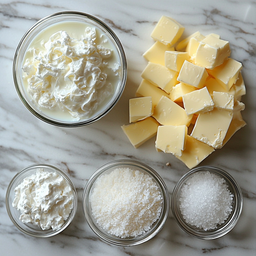 4 cups whole milk in a clear glass measuring cup, smooth and creamy white liquid; ½ cup heavy whipping cream in a small glass bowl, thick and glossy white texture; ¼ teaspoon salt in a tiny white porcelain dish, fine crystalline grains catching the light; 3 tablespoons white vinegar in a transparent glass bowl, clear liquid with subtle reflections. All ingredients are neatly arranged on a pristine, matte white surface with soft natural lighting creating gentle shadows. The composition is balanced with contrasting textures—smooth milk and cream, crystalline salt, and reflective vinegar—placed with slight spacing between each container to highlight their individual characteristics. Minimal props, clean lines, and a fresh, airy atmosphere emphasize the simplicity and freshness of the ingredients. Overhead shot, top down view, flat lay photography, professional food styling --ar 1:1 --q 2 --s 750 --v 6.1