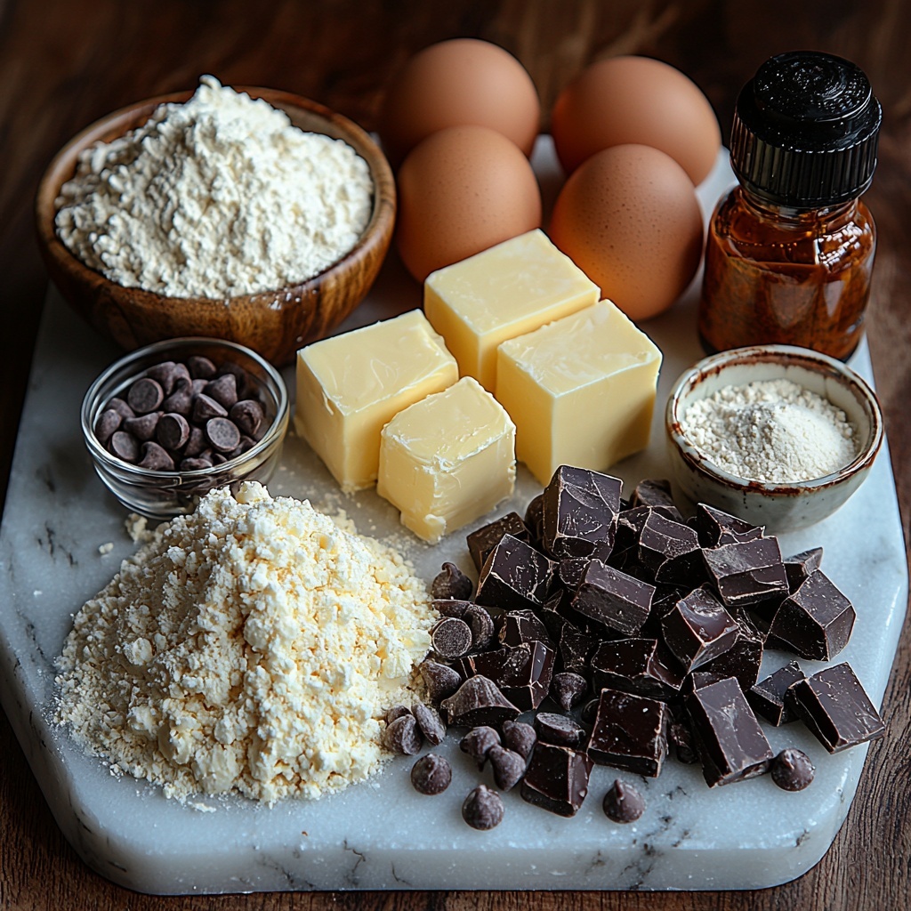A clean white marble surface with all the main ingredients neatly arranged for a chocolate chip cookie dough cheesecake recipe: a small bowl of softened unsalted butter, rustic chunks of brown and granulated sugar side by side, a cracked large egg in a delicate glass ramekin, a small bottle of vanilla extract with a dropper, a heap of all-purpose flour arranged in a neat pile with a small wooden scoop, tiny bowls containing baking soda and salt, generous clusters of semi-sweet chocolate chips and roughly chopped chocolate chunks spread artfully around, three blocks of soft cream cheese with subtle creamy texture visible, a small ceramic bowl of sour cream with a smooth glossy surface, three whole eggs with natural matte shells, and scattered mini chocolate chips alongside larger chocolate chunks. The ingredients show rich warm tones of caramel and chocolate contrasted with soft white and pale yellows, highlighted by soft natural light casting gentle shadows. Subtle flour dust and a wooden spoon add rustic charm, with everything balanced symmetrically and spaced evenly for visual harmony. Overhead shot, top down view, flat lay photography, professional food styling --ar 1:1 --q 2 --s 750 --v 6.1