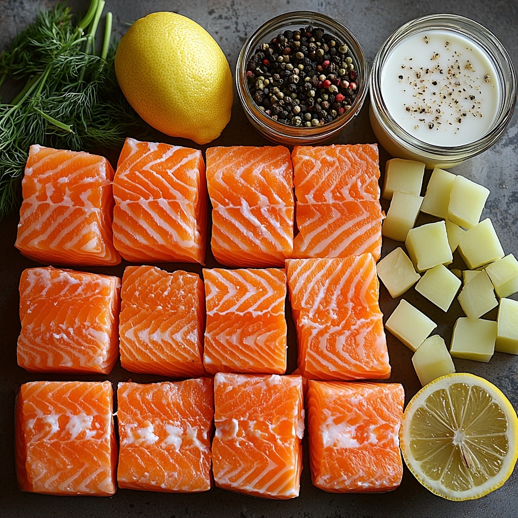 fresh salmon fillet chunks with pale pink and orange hues, medium onion finely chopped with white and purple tones, two cloves of garlic minced, bright orange diced carrots, fresh green chopped celery stalks, three cubed Yukon Gold potatoes with a creamy yellow color, a small bowl of golden olive oil, rustic bay leaf, dried thyme sprigs, a small heap of coarse salt and black peppercorns, fresh chopped dill with vibrant green leaves, halved lemon showing bright yellow flesh, a small glass container of creamy whole milk, a similar one with thick heavy cream, all ingredients neatly arranged with slight spacing on a clean white surface, natural soft lighting highlighting textures and fresh colors, subtle shadows adding depth, minimal props to keep focus on ingredients, styled with a rustic kitchen vibe yet clean and modern feel, overhead shot, top down view, flat lay photography, professional food styling --ar 1:1 --q 2 --s 750 --v 6.1