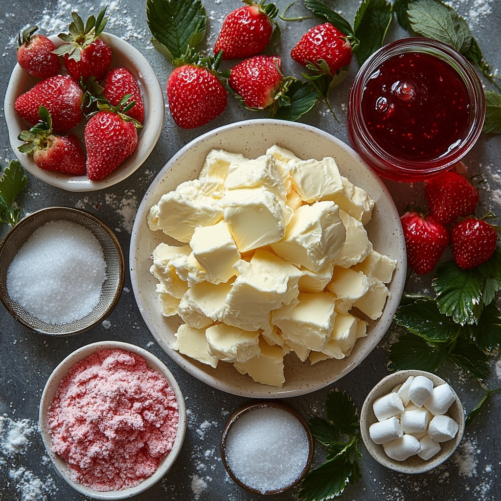 Softened unsalted butter in a smooth, creamy pat on a small white ceramic dish, a jar of glossy pink strawberry preserves with visible fruit chunks, a bowl filled with fluffy white marshmallow fluff showing its airy texture, a fine mesh sieve resting over a bowl of sifted bright white powdered sugar, a small glass container of pale golden vanilla extract, a tiny white dish holding a pinch of fine salt crystals, scattered freeze-dried strawberry powder in soft red-pink hues lightly dusted near the preserves, a few drops of vibrant red food coloring in a delicate glass dropper bottle. All ingredients artfully arranged on a clean, matte white surface with natural soft diffused light highlighting the different textures and subtle color contrasts; gentle shadows to add depth, minimalistic styling with a touch of rustic charm, subtle sprigs of fresh strawberry leaves off to one side for a fresh pop of green. overhead shot, top down view, flat lay photography, professional food styling --ar 1:1 --q 2 --s 750 --v 6.1