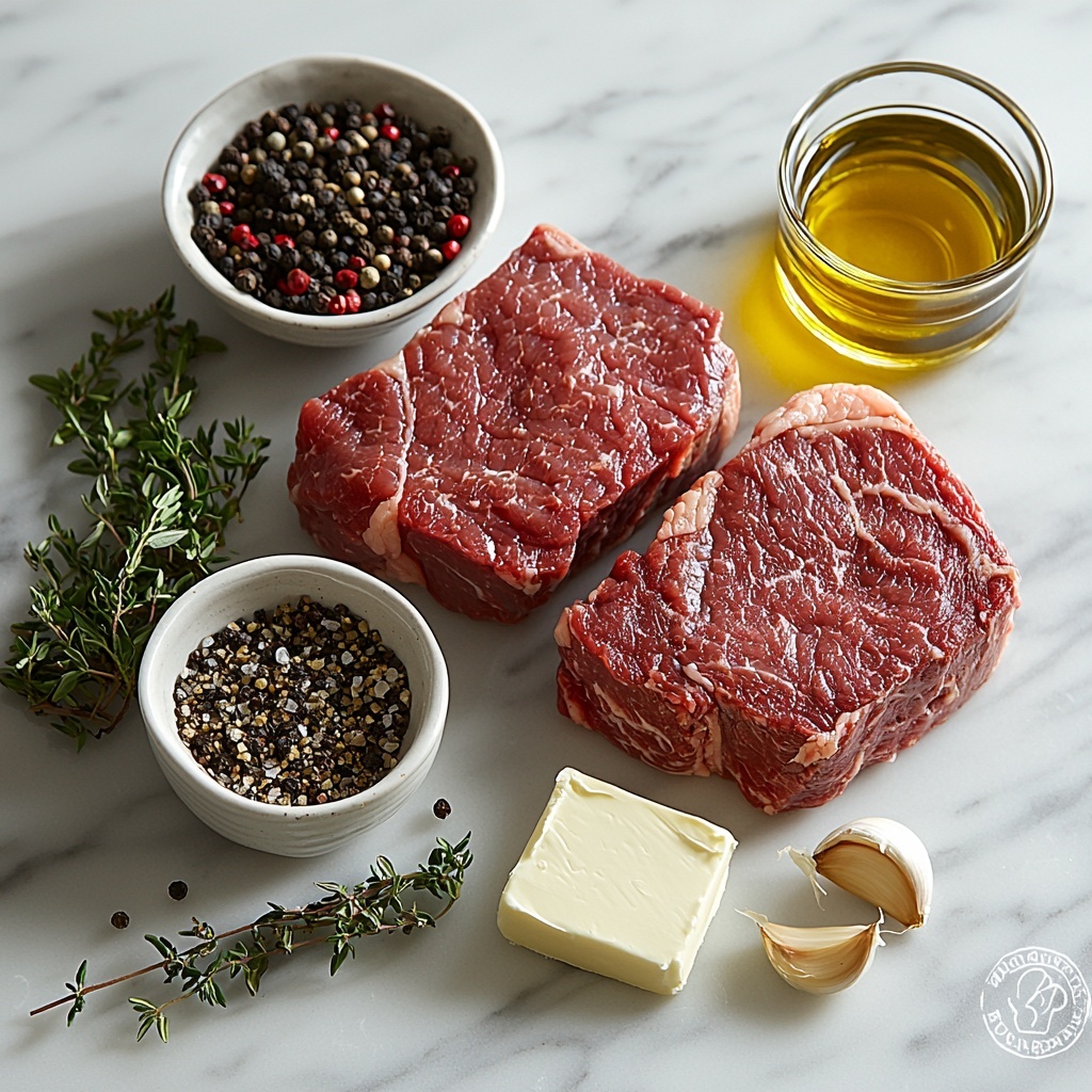 Ribeye and sirloin steaks, raw and well-marbled, two thick 1-inch cuts, arranged side by side on a clean white marble surface; coarse salt crystals and freshly ground black pepper scattered nearby in small ceramic bowls; a small glass bowl of golden canola or avocado oil with a slight sheen; three cloves of garlic, crushed with papery skins partially peeled, placed organically to one side; a small dish of pale creamy unsalted butter, softly softened and slightly melting; a fresh sprig of vibrant green thyme or rosemary with delicate leaves adding fresh herbal contrast; optional small dish of red pepper flakes with deep red, slightly glossy texture; natural soft daylight illuminating textures and colors, subtle shadows enhancing depth and dimension, minimalistic rustic styling with light linen napkin folded neatly off to the side; overhead shot, top down view, flat lay photography, professional food styling --ar 1:1 --q 2 --s 750 --v 6.1