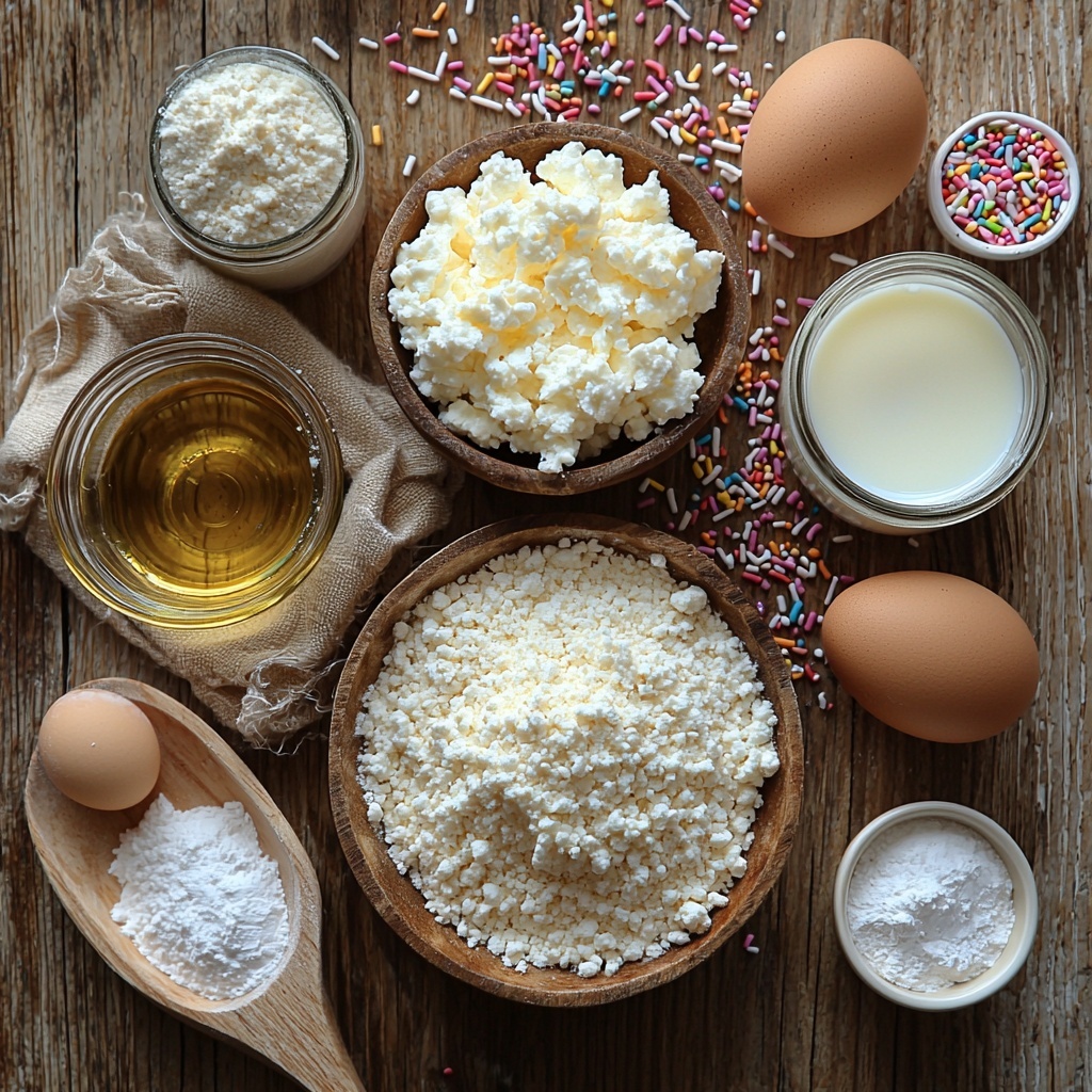 A clean, light wooden surface with a neatly arranged flat lay of ingredients for gluten-free Anginetti cookies: two brown eggs in a small rustic bowl, a glass jar of golden melted coconut oil, a small white ceramic dish holding clear vanilla extract, another matching dish with pale yellow lemon extract, a small heap of light brown coconut sugar gently spilling from a wooden scoop, a white bowl of creamy cottage cheese, a dollop of thick Greek yogurt beside it, tiny piles of fine white baking powder and pale beige baking soda each in little porcelain spoons, a mound of Bob’s Red Mill Gluten Free 1-to-1 Flour showing soft, powdery texture, a small bowl of bright white powdered sugar, a small glass with smooth, cold milk, and a scattering of colorful sprinkles in various pastel shades for topping — ingredients spaced evenly with slight shadows, natural daylight coming from the side to enhance textures and colors, minimalistic styling with a wooden spoon and linen napkin partially visible to add warmth and a homemade feel, warm neutral tones with pops of color from the sprinkles, overhead shot, top down view, flat lay photography, professional food styling --ar 1:1 --q 2 --s 750 --v 6.1