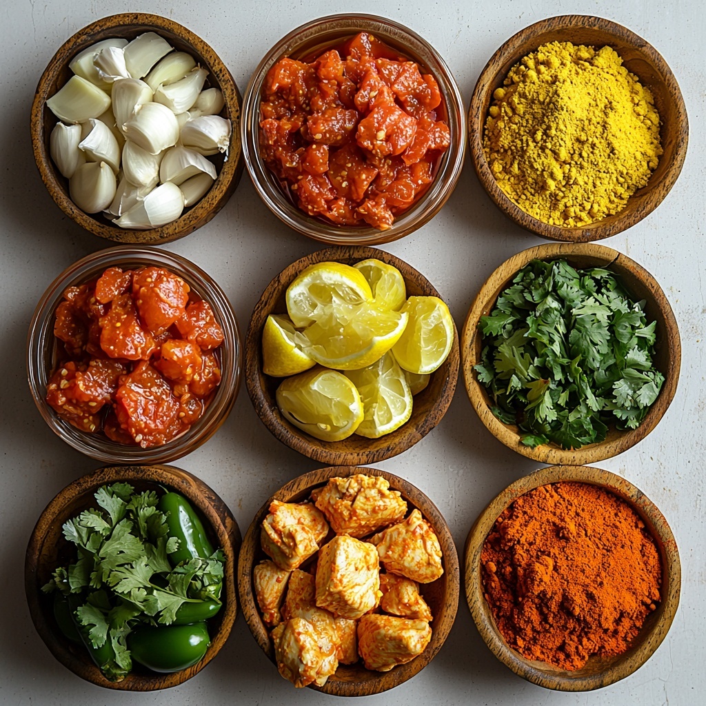 Minimalist flat lay of Slow Cooker Chicken Tikka Masala ingredients arranged on a clean white surface: a small glass bowl of olive oil with golden shine, finely chopped translucent white onion piled neatly, bright green diced jalapeño with seeds removed, cloves of fresh garlic peeled and minced scattered nearby, a rustic open can showing rich deep red crushed tomatoes, a small wooden bowl of freshly grated pale yellow ginger, a halved lemon with juicy bright yellow flesh, small bowls with vibrant reddish-brown garam masala, smoky deep red paprika, bright orange turmeric powder, rich red cayenne pepper, golden curry powder, ground black pepper freshly cracked in a tiny ceramic dish, a sprinkle of fine white salt, raw boneless skinless chicken breasts laid clean and plump, a small can of creamy white coconut milk partially opened, a small ramekin of thick plain Greek yogurt, and a handful of freshly chopped vivid green cilantro leaves scattered artfully around. The textures vary from smooth liquids, soft raw meat, powdered spices with fine grains, and fresh herb leaf details. Soft natural light highlights the freshness and vibrant colors, shadows are subtle and the composition is balanced to capture every ingredient clearly. Overhead shot, top down view, flat lay photography, professional food styling --ar 1:1 --q 2 --s 750 --v 6.1