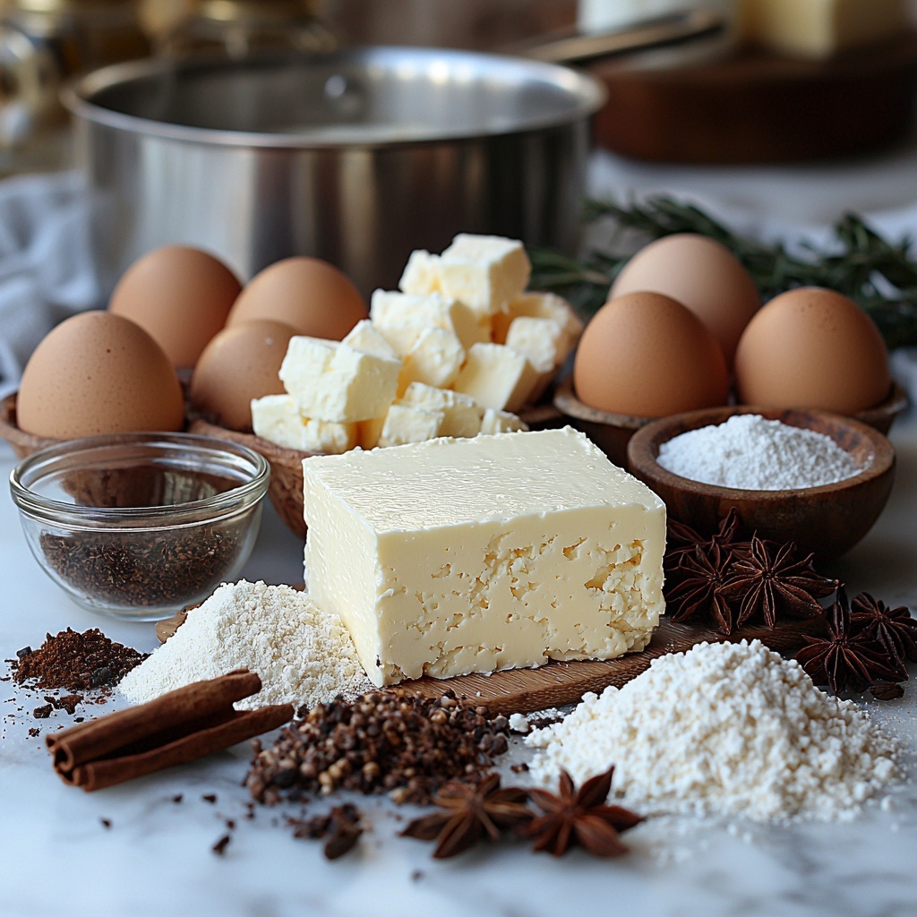 Cream cheese block softened, smooth and creamy off-white, nestled next to a small glass bowl of granulated sugar sparkling white crystals; a tiny dish of warm golden vanilla extract with rich amber hues; fresh large eggs with smooth brown shells arranged in a neat cluster; a small bowl of ground cinnamon showing warm reddish-brown powder; a mound of all-purpose flour, soft and powdery bright white, alongside a small pile of fine salt crystals; melted unsalted butter, glossy golden-yellow liquid in a small clear glass cup; a saucepan with water steaming gently, clear and reflective; ingredients arranged symmetrically and spaced on a clean white marble surface, natural soft daylight illuminating textures with gentle shadows, rustic wooden spoons and glass bowls for visual interest, sprigs of fresh vanilla bean pods and cinnamon sticks placed artfully around -- overhead shot, top down view, flat lay photography, professional food styling --ar 1:1 --q 2 --s 750 --v 6.1