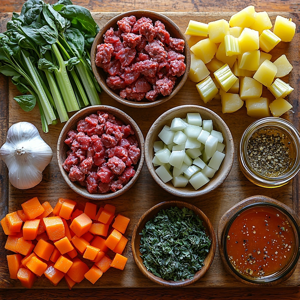 A beautifully styled flat lay of fresh spinach beef soup ingredients arranged neatly on a clean, light wooden surface. Display 1 lb raw ground beef in a small rustic bowl showing its rich red texture, next to a medium chopped onion with visible layers and delicate white and purple tones. Nearby, two cloves of minced garlic with papery skins partially removed, alongside two bright orange diced carrots and two crisp celery stalks cut into small pieces, their pale green and white hues contrasting softly. Place a small bowl of golden olive oil glistening in the light, and a glass jar or small bowl containing dried oregano and thyme with their earthy green tones. Include a can of bright red diced tomatoes with juice visible, and a glass measuring cup or bowl filled with deep brown beef broth. Optionally arrange cubes of pale yellow potatoes and chopped vibrant green beans for extra color variety. Sprinkle salt and pepper in small ceramic spoons, adding rustic charm. The ingredients are spaced evenly with natural shadows, emphasizing freshness and texture. The overall palette blends warm reds, greens, oranges, and earthy neutrals. Soft natural lighting enhances the colors and creates subtle highlights on the ingredients. Overhead shot, top down view, flat lay photography, professional food styling --ar 1:1 --q 2 --s 750 --v 6.1