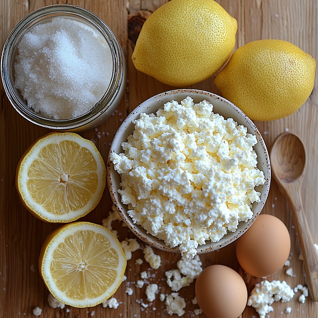 full-fat cottage cheese in a small white ceramic bowl showing creamy, slightly lumpy texture; granulated sugar in a clear glass jar with fine, sparkling white crystals visible; fresh lemons, one whole and one halved to reveal bright yellow flesh and vibrant zest strips artfully scattered nearby; three large brown eggs with smooth shells placed close together; a small wooden spoon resting beside the cottage cheese; all ingredients meticulously arranged on a clean, light natural wood surface with soft, natural daylight highlighting colors and textures, gentle shadows for depth, minimalistic and airy composition, emphasis on fresh, wholesome, and inviting feel, subtle pops of yellow from lemons creating a cheerful contrast overhead shot, top down view, flat lay photography, professional food styling --ar 1:1 --q 2 --s 750 --v 6.1