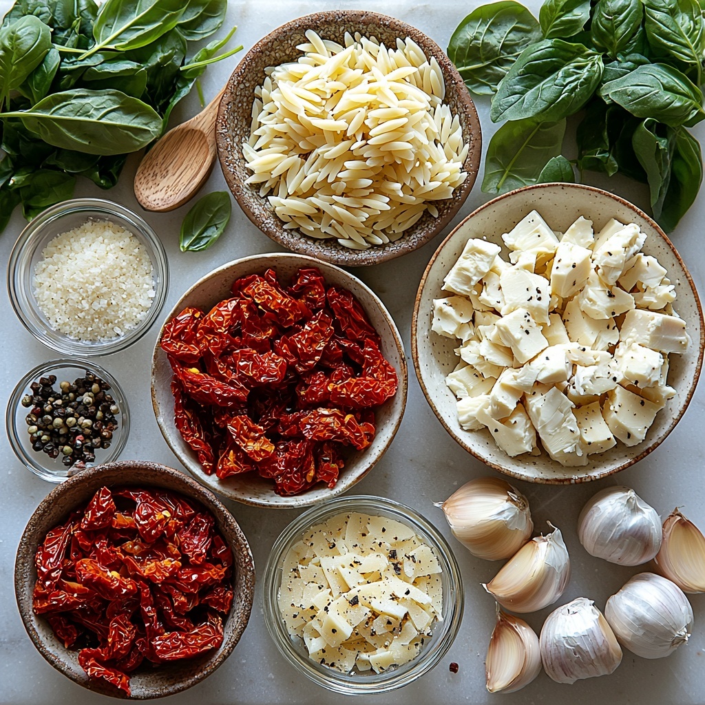 A clean white marble surface with the following ingredients neatly arranged in separate small bowls and small piles around the center: deep red chopped sun-dried tomatoes glistening with oil, two whole garlic cloves beside a small bowl of finely minced garlic, a small heap of earthy green dried basil leaves, a clear glass bowl filled with pale golden chicken broth, a white bowl of uncooked orzo pasta showing its tiny rice-like shape, a small clear cup of smooth, creamy off-white heavy whipping cream, a rustic pile of shredded rotisserie chicken with light golden and white tones, a bunch of fresh vibrant green spinach leaves loosely stacked, a small bowl of finely grated pale yellow Parmesan cheese with some scattered shavings nearby, plus small piles of coarse salt crystals and freshly cracked black peppercorns. The ingredients are styled with natural soft daylight, subtle shadows enhancing the textures – glossy oil on the tomatoes, the rough surface of the Parmesan, and the matte dry orzo – arranged evenly spaced in a balanced composition with negative space, on a clean surface with minimal rustic props like a wooden spoon and linen napkin partially visible. Overhead shot, top down view, flat lay photography, professional food styling --ar 1:1 --q 2 --s 750 --v 6.1