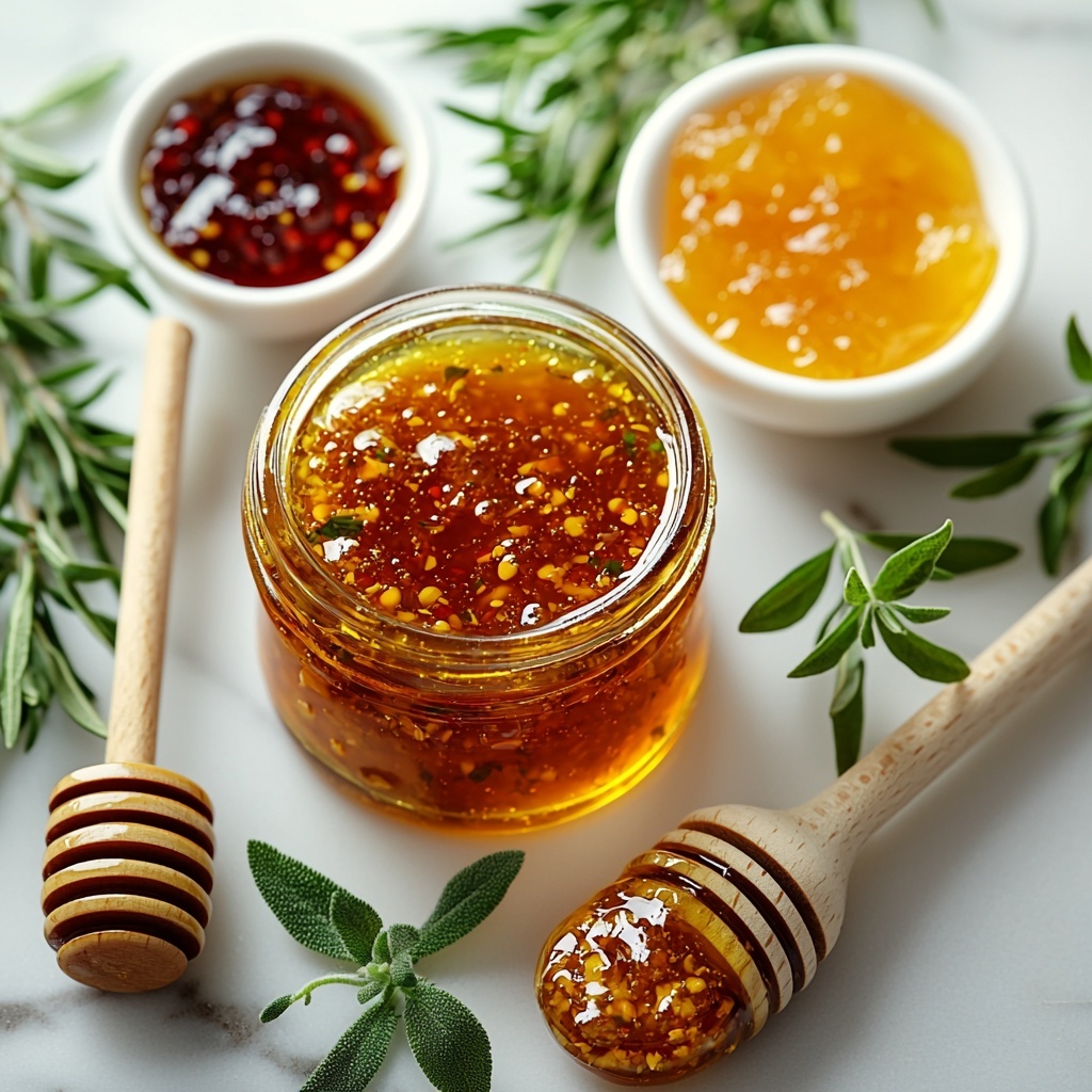 Apricot jam in a small vintage glass jar with a visible glossy, golden-orange texture; spoonful of vibrant orange marmalade with translucent chunks of citrus peel on a white ceramic spoon; two small white porcelain bowls containing smooth Dijon mustard with a creamy yellow hue, and bright red sambal chili paste with a slightly coarse texture; ingredients carefully arranged on a pristine white marble surface with soft natural light casting gentle shadows; fresh green sprigs of herbs artfully placed for contrast; rustic wooden honey dipper beside the jam jar; minimalistic styling highlighting the rich colors and textures of each ingredient, clean and elegant composition emphasizing freshness and simplicity; overhead shot, top down view, flat lay photography, professional food styling --ar 1:1 --q 2 --s 750 --v 6.1