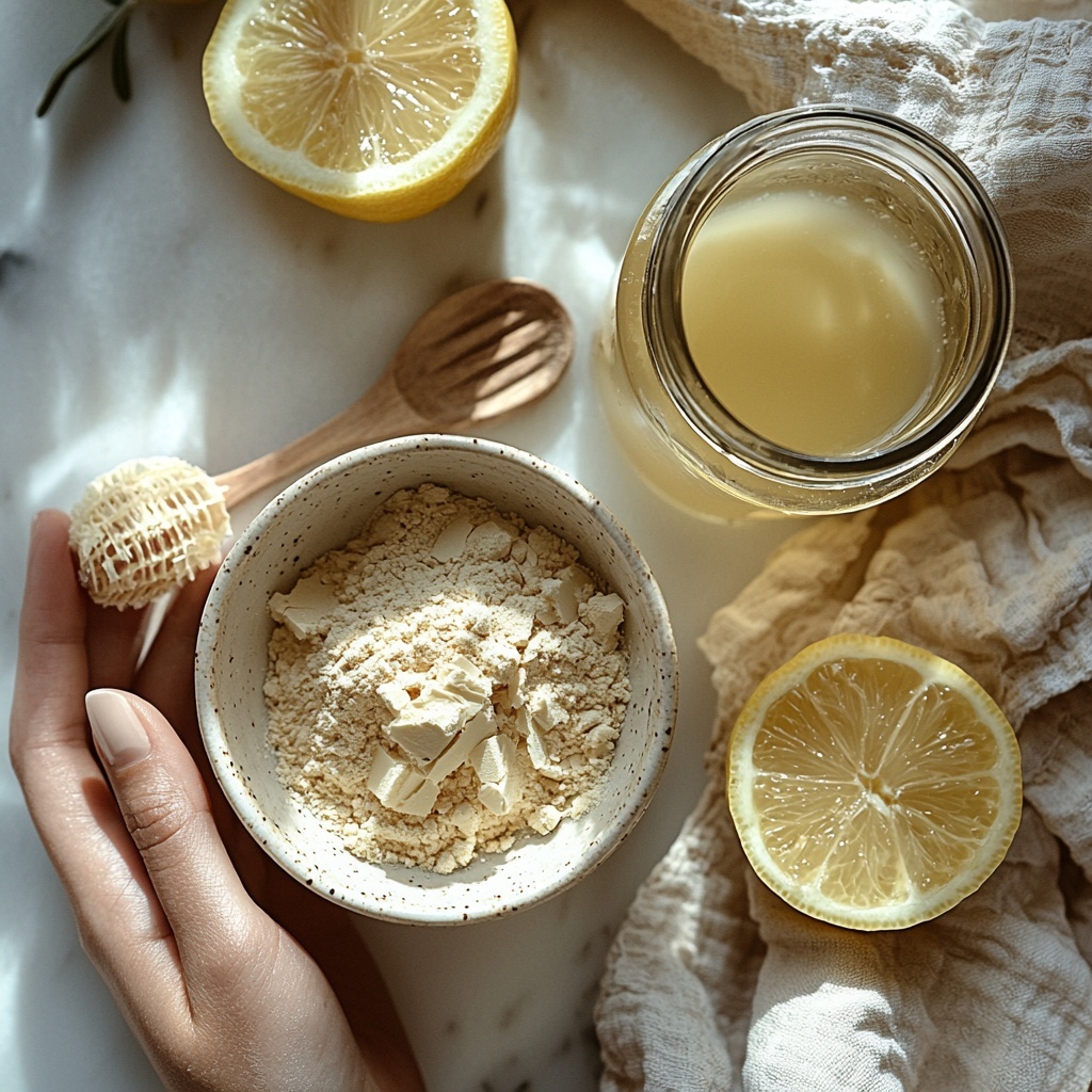 Unflavored gelatin powder in a small white ceramic bowl with a fine, powdery texture and off-white color; a clear glass cup of hot water with gentle steam rising, showing smooth, transparent liquid; a small glass jar of pale yellow lemon juice with a fresh, glossy surface and a metal spoon resting beside it; all ingredients neatly spaced on a clean, bright white surface. Soft natural light illuminating the scene, subtle shadows for depth, minimalistic styling with a touch of rustic charm using a folded linen napkin in soft beige and a wooden teaspoon nearby. Overhead shot, top down view, flat lay photography, professional food styling --ar 1:1 --q 2 --s 750 --v 6.1