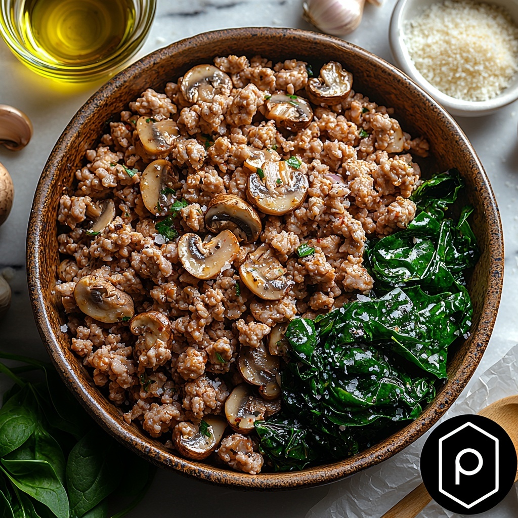 ground turkey in a small rustic bowl with a raw texture, fresh vibrant green chopped spinach loosely piled beside it, glossy sliced brown mushrooms fanned out neatly, a small glass dish of golden olive oil glistening under the light, finely chopped white onion and minced garlic placed in small separate white ramekins, dried oregano and paprika in tiny wooden spoons showing deep green and warm reddish hues, coarse salt and cracked black pepper in miniature bowls, a small heap of finely grated pale yellow Parmesan cheese on crinkled parchment paper, all ingredients carefully spaced on a clean white marble surface with natural soft daylight highlighting textures and colors, subtle shadows adding depth, minimal props to keep focus on fresh ingredients, overhead shot, top down view, flat lay photography, professional food styling --ar 1:1 --q 2 --s 750 --v 6.1