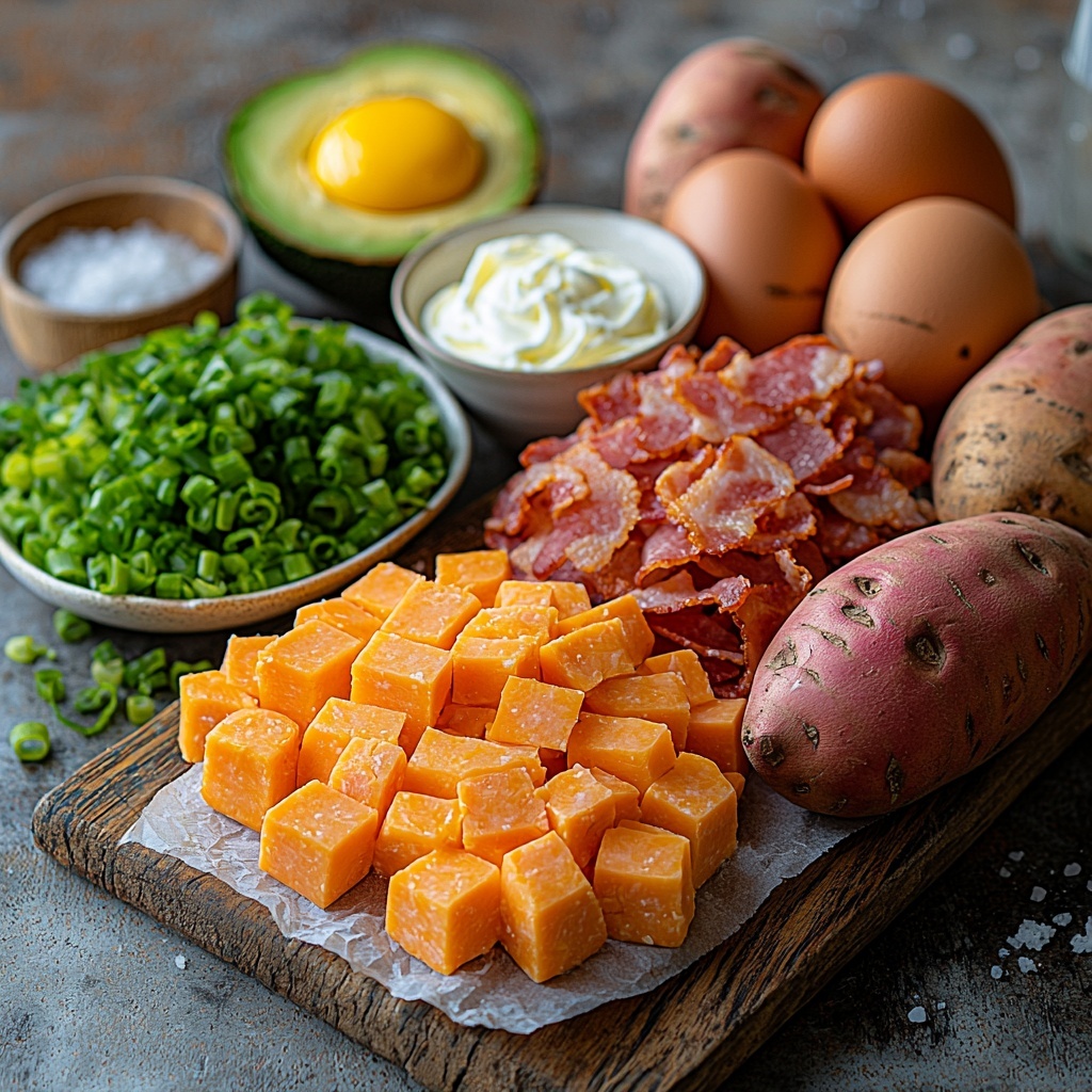a clean, bright surface with four medium whole sweet potatoes arranged neatly, their rough orange skin textured and inviting; next to them, four large fresh eggs with smooth off-white shells placed in a simple ceramic bowl; a small plate holding four slices of crispy cooked turkey bacon showing deep reddish-brown, slightly curled edges; a small pile of shredded sharp cheddar cheese, vibrant yellow-orange, loosely scattered on rustic parchment paper; finely chopped green onions in a small white dish, vivid green with white tips; a ripe avocado diced into small cubes, rich green with creamy texture displayed on a minimalist wooden board; small bowls of coarse salt and cracked black pepper for seasoning; a dollop of creamy white sour cream shown in a neat glass ramekin; all ingredients arranged evenly spaced on the clean surface, styled with natural lighting that highlights the contrasting colors and textures, subtle shadows for depth, minimal props to keep focus on ingredients, warm and inviting color palette, crisp and clean presentation, overhead shot, top down view, flat lay photography, professional food styling --ar 1:1 --q 2 --s 750 --v 6.1