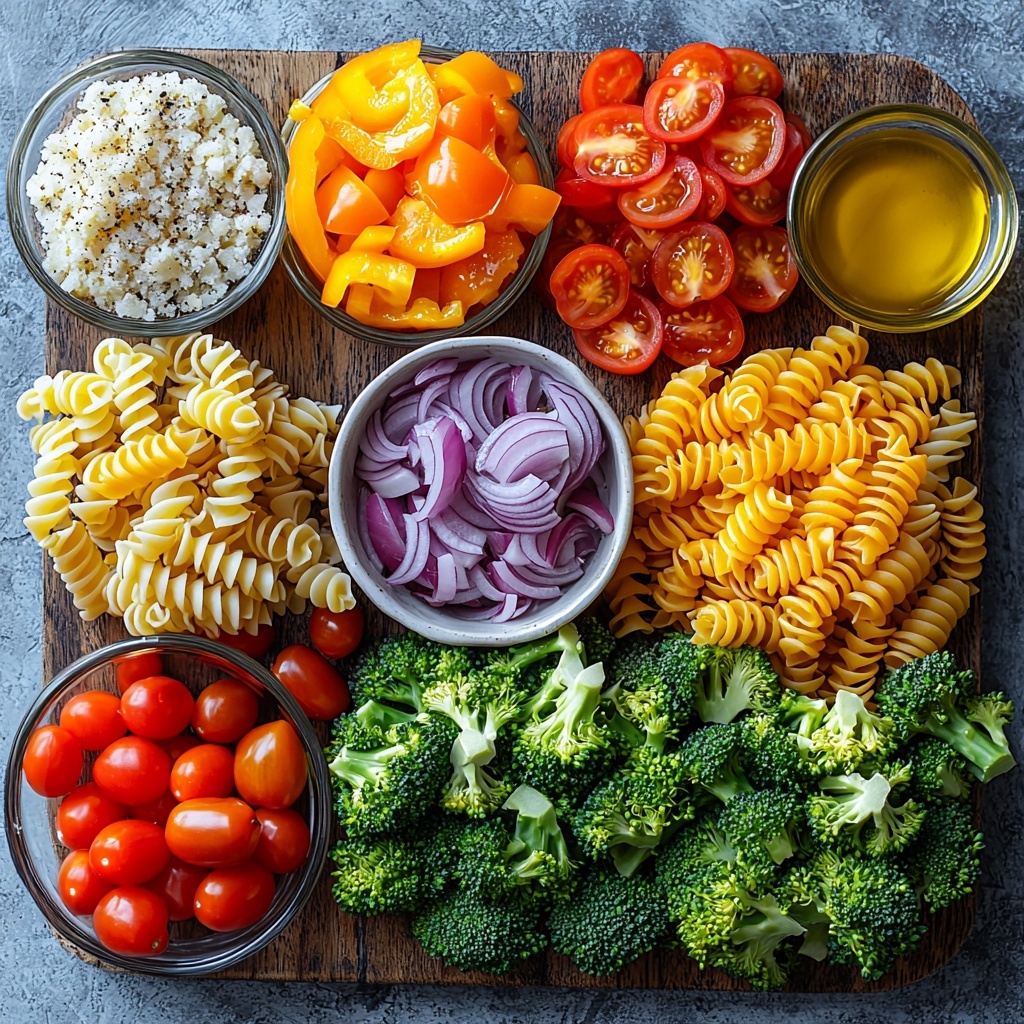 A clean white surface neatly arranged with fresh, vibrant ingredients for an easy broccoli pasta salad: bright green broccoli florets in a small white bowl, golden-yellow cooked fusilli pasta elegantly coiled on a rustic wooden plate, glossy red cherry tomatoes halved and scattered in a ceramic dish, finely diced deep purple-red onion in a small glass bowl, colorful diced yellow and red bell peppers laid out in a neat pile, a small clear bowl of extra-virgin olive oil with a subtle golden sheen, a tiny bowl of fresh lemon juice with pale yellow tones, a small dish of coarse salt and freshly ground black pepper with visible texture, and a small mound of finely grated Parmesan cheese with a snowy white appearance. Natural soft lighting enhances the textures and vivid colors, with selective focus emphasizing freshness and inviting vibrancy. The arrangement is spacious and balanced, showcasing each ingredient’s unique color and texture with minimal shadows. Overhead shot, top down view, flat lay photography, professional food styling --ar 1:1 --q 2 --s 750 --v 6.1