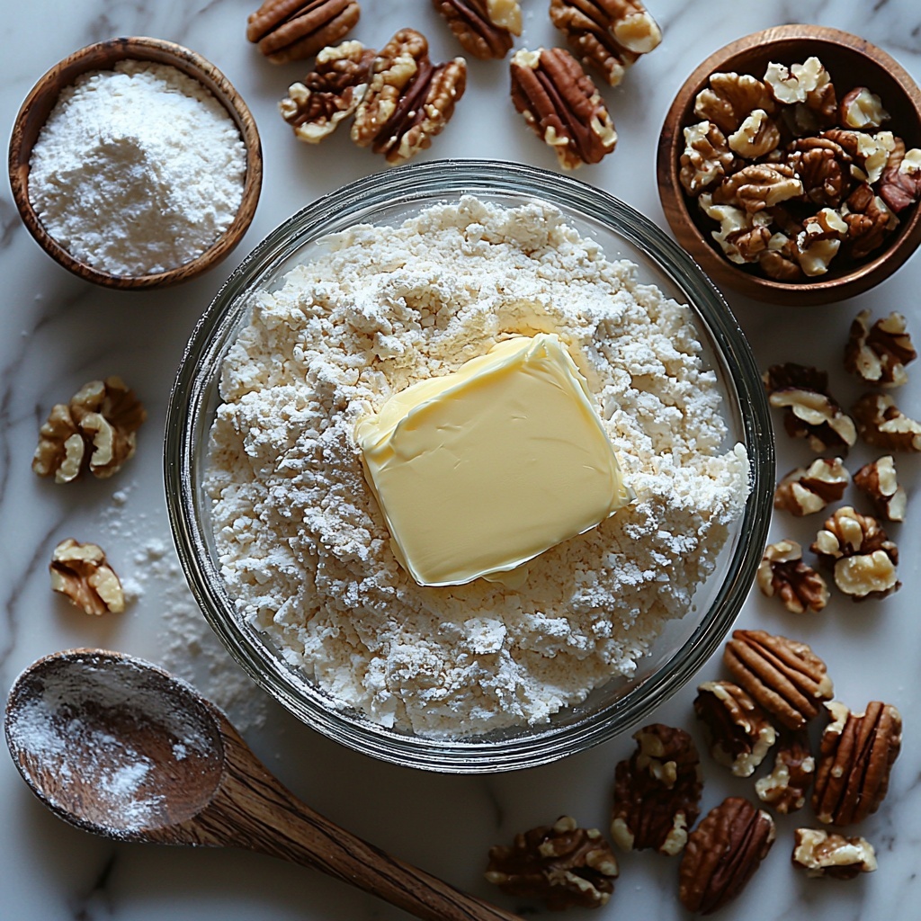 buttery softened unsalted butter in a small glass bowl, fluffy powdered sugar scattered lightly on white surface, a small dish of golden vanilla extract, heaps of fine all-purpose flour gently mounded with soft texture, a neat pile of finely chopped walnuts and pecans showing rich brown and cream tones, a small bowl of fine granulated white sugar, a wooden spoon resting in a tiny bowl of warm brown ground cinnamon, a shallow bowl blending granulated sugar and cinnamon with warm speckled textures, all ingredients carefully spaced and styled on a clean white marble countertop with natural soft lighting, subtle shadows enhancing textures and colors, minimalistic and elegant food styling focusing on warmth and coziness, scattered whole nut pieces and a faint dusting of powdered sugar around for organic feel, overhead shot, top down view, flat lay photography, professional food styling --ar 1:1 --q 2 --s 750 --v 6.1