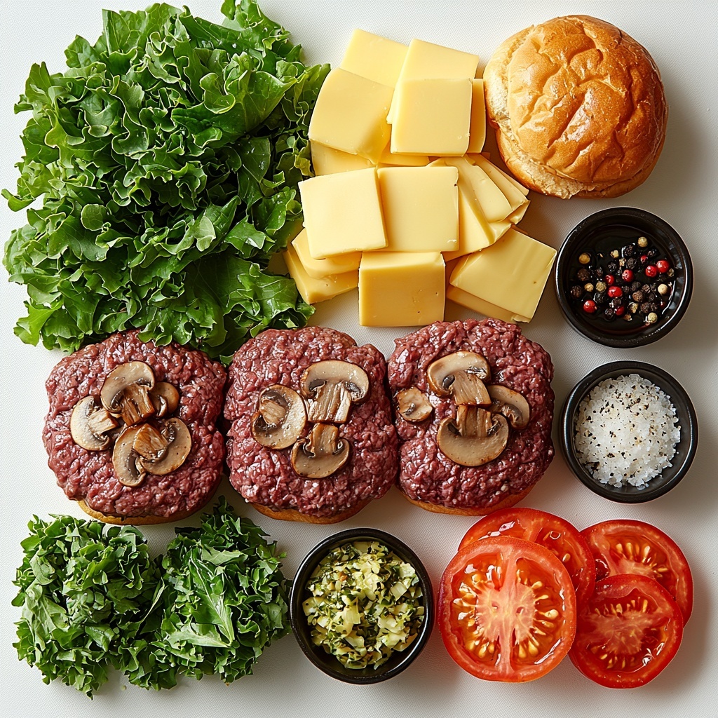 A clean white surface arranged with ingredients for a Mushroom Swiss Burger: a raw 1 lb portion of ground beef formed into neat patties, four golden brioche buns sliced in half, vibrant fresh green lettuce leaves with ruffled edges, bright red tomato slices showing juicy texture, creamy pale yellow Swiss cheese slices neatly stacked, a small pile of rich brown baby bella mushrooms thinly sliced with visible gills, two cloves of garlic peeled and minced finely, two tablespoons of glossy golden butter, small rustic bowls holding coarse salt, freshly ground black pepper, and a glossy dark umami sauce. The ingredients are spaced evenly in a balanced composition with contrasting colors and textures—soft buttery buns, meaty patties, fresh crisp vegetables, earthy mushrooms—styled with gentle natural light highlighting the freshness and detail. Overhead shot, top down view, flat lay photography, professional food styling --ar 1:1 --q 2 --s 750 --v 6.1