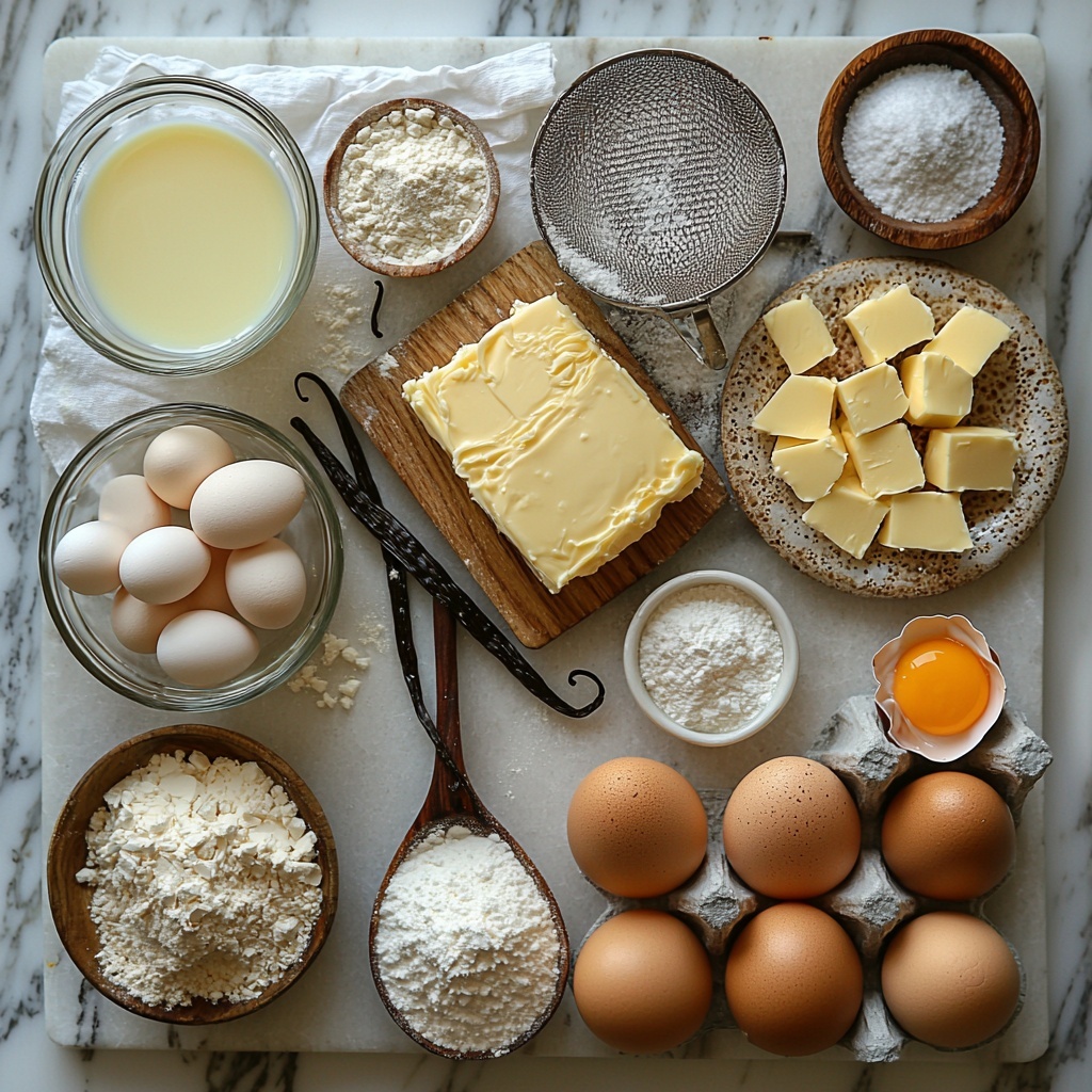 choux pastry ingredients beautifully arranged on a clean white marble surface, featuring a glass measuring cup of whole milk with creamy white color, a small bowl of thick heavy cream in soft off-white, a wooden spoon holding golden granulated sugar with some spilled grains nearby, a fresh vanilla bean split open showing tiny black seeds, five glossy bright yellow egg yolks in a shallow white ceramic dish, a small glass bowl of fine white cornstarch powder, a clear glass measuring cup filled with water reflecting light, a square block of pale yellow butter on a wooden butter dish, a small heap of white all-purpose flour with delicate powdery texture on a linen cloth, four fresh whole eggs with smooth brown shells arranged in a row, a small vintage butter knife next to a few tablespoons of unsalted butter, a tiny ceramic bowl of fine white salt, and a sifter dusting soft white powdered sugar over part of the scene, natural soft daylight highlighting textures and subtle shadows, minimalistic styling with neutral toned props and linens, neat and balanced composition emphasizing colors and contrasts overhead shot, top down view, flat lay photography, professional food styling --ar 1:1 --q 2 --s 750 --v 6.1
