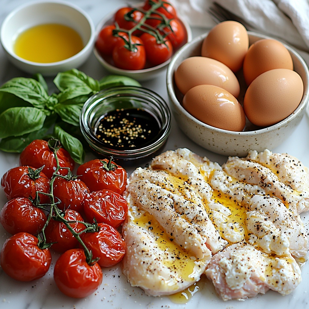 4 boneless skinless chicken breasts butterflied arranged neatly on a clean white marble surface, small piles of all-purpose flour in a ceramic bowl, two large beaten eggs in a clear glass bowl, a third bowl with golden Italian-style breadcrumbs mixed with grated Parmesan cheese, finely chopped fresh green basil, garlic powder, salt, and black pepper, glistening olive oil in a small white pouring dish, vibrant red cherry tomatoes tossed with olive oil, crushed garlic cloves, salt, and black pepper scattered around, bunches of fresh green basil leaves artfully placed for garnish, creamy torn burrata cheese in a rustic white bowl showcasing its soft texture, a small jar of dark glossy balsamic glaze with a drizzle artistically placed nearby. The colors contrast beautifully—white, green, red, golden brown—with natural light highlighting textures: crispy breadcrumbs, smooth eggs, juicy tomatoes, delicate burrata. The composition is balanced and inviting, on a clean, minimalist surface with subtle rustic cutlery and a linen napkin for a cozy, Italian farmhouse vibe. overhead shot, top down view, flat lay photography, professional food styling --ar 1:1 --q 2 --s 750 --v 6.1
