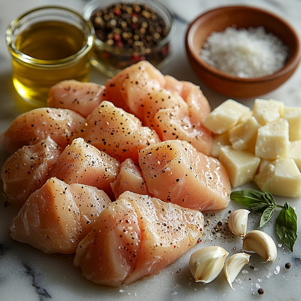 4 boneless, skinless chicken breasts raw and plump with a pale pink hue, a small wooden bowl filled with finely grated Parmesan cheese, a white ceramic bowl holding golden, flaky panko breadcrumbs, four fresh garlic cloves minced and scattered with some whole cloves nearby, a small glass dish of rich golden olive oil glistening under soft light, a vintage spoon resting on a pile of mixed Italian seasoning herbs showcasing various green and brown dried leaves, coarse salt crystals and freshly cracked black peppercorns artfully sprinkled in small piles on the clean white marble surface. All ingredients are arranged neatly in a balanced, visually appealing composition on a smooth, bright white marble countertop that highlights the varied textures – the crumbly breadcrumbs, the powdery cheese, the glossy oil, and the rustic herbs. Natural soft daylight from the side casts gentle shadows to emphasize depth and freshness, styled with minimal props like a small linen napkin folded next to the garlic, and a wooden cutting board under the chicken breasts. The scene evokes a warm, rustic yet clean kitchen vibe, overhead shot, top down view, flat lay photography, professional food styling --ar 1:1 --q 2 --s 750 --v 6.1