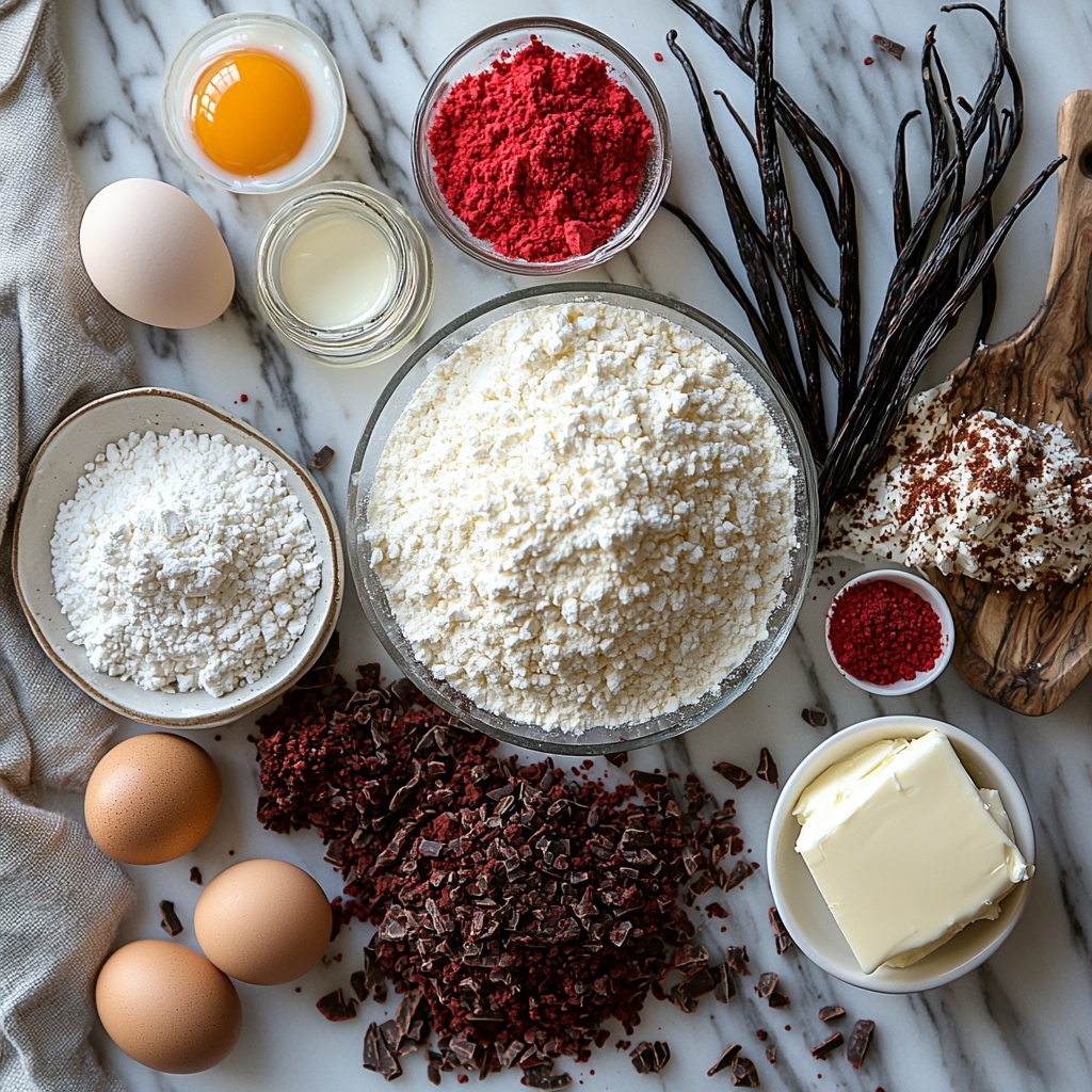 red velvet pancake ingredients arranged on a clean white marble surface: a small heap of all-purpose flour in a glass bowl, a separate bowl with deep reddish-brown cocoa powder, a small white ceramic dish with granulated sugar, tiny piles of baking powder, baking soda, and salt neatly separated on small spoons, a clear measuring cup filled with creamy buttermilk, a cracked large brown egg in a white ramekin, a small glass bottle with amber vanilla extract, a small bowl with vibrant red food coloring, a small white bowl of melted golden butter, a block of soft cream cheese on a wooden board, a small bowl of powdered sugar, a glass with milky-white glaze mixture, scattered vanilla beans pods adding rustic detail, soft natural lighting highlighting textures and rich colors, minimalistic styling with neutral-toned linen napkin folded gently on the side, fresh pale wooden utensils nearby, subtle shadows for depth, fresh and inviting atmosphere overhead shot, top down view, flat lay photography, professional food styling --ar 1:1 --q 2 --s 750 --v 6.1