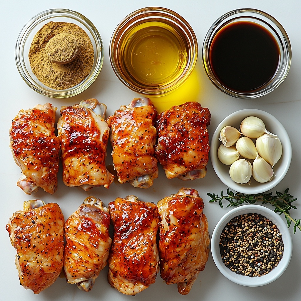 4 bone-in chicken thighs with skin intact, small glass bowls of golden amber honey, creamy pale yellow Dijon mustard, rustic ceramic spoon with light brown garlic powder, small dark dish of glossy low-sodium soy sauce, smooth olive oil in a clear glass jug, vibrant red paprika powder in a white ramekin, coarse sea salt and fresh cracked black pepper in tiny white bowls; arranged neatly on a clean, matte white surface with natural soft daylight casting gentle shadows, ingredients spaced evenly creating a balanced composition highlighting varied textures—from the raw chicken’s pale pink skin and subtle fat marbling to the glossy liquids and fine powders; minimalistic styling with a few scattered mustard seeds and a sprig of fresh thyme for a subtle pop of green; overhead shot, top down view, flat lay photography, professional food styling --ar 1:1 --q 2 --s 750 --v 6.1