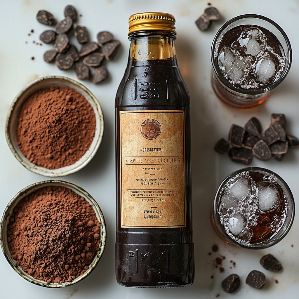 chocolate cake mix box, large and rectangular with rich brown and orange packaging, 12 oz glass bottle of dark cola with condensation, sparkling water bottle clear and bubbly; all ingredients neatly arranged on a pristine white surface with soft natural light casting gentle shadows, chocolate cake mix box opened slightly showing fine cocoa powder texture, cola bottle placed tilted with tiny bubbles visible, small glass bowl of dark glossy cocoa powder and another clear glass with sparkling water and ice cubes beside it; subtle dusting of powdered sugar sprinkled artistically around, minimalistic styling with a clean and modern aesthetic, emphasizing rich brown hues, glass reflections, and fine powder details, overhead shot, top down view, flat lay photography, professional food styling --ar 1:1 --q 2 --s 750 --v 6.1