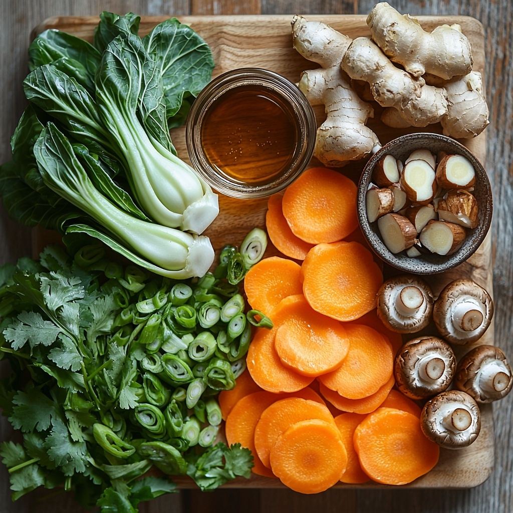 fresh chicken or vegetable broth in a clear glass measuring cup, small ceramic bowls holding dark soy sauce and golden sesame oil, a piece of fresh ginger root with a microplane grater beside it, two peeled garlic cloves and a small knife on a wooden cutting board, a bright bundle of leafy green bok choy, sliced vibrant orange carrot rounds, and assorted brown mushrooms arranged neatly on a white plate, a package of frozen potstickers partially opened to reveal crescent-shaped dumplings with crinkled edges, a small bowl of light vegetable oil with a soft sheen, fresh green onions sliced thinly with some whole stalks, sprigs of fresh cilantro with bright green leaves, all placed on a clean light-colored wooden surface with soft natural light casting gentle shadows, styled with minimal props to emphasize the fresh textures and rich colors of the ingredients, slight rustic and cozy vibe, overhead shot, top down view, flat lay photography, professional food styling --ar 1:1 --q 2 --s 750 --v 6.1