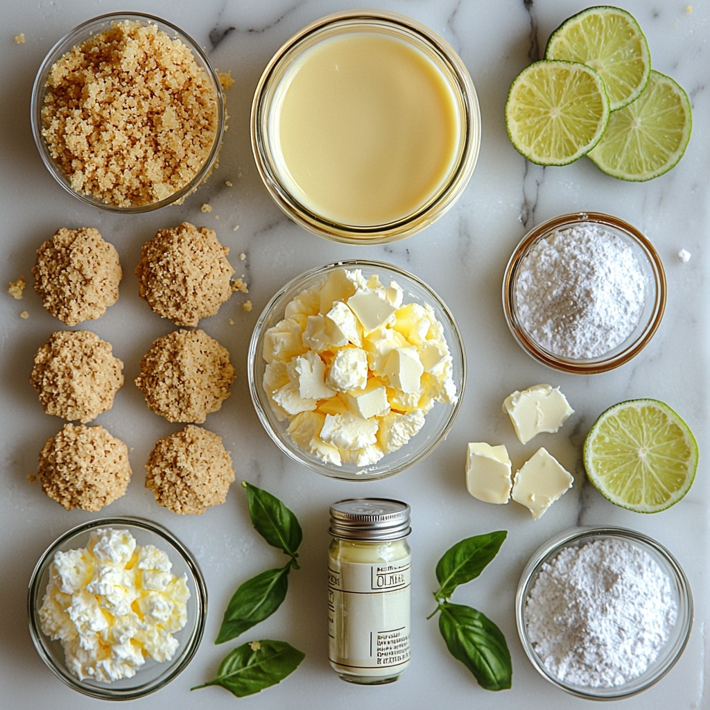 A flat lay of key lime pie ingredients arranged neatly on a clean white marble surface, featuring a small bowl of golden graham cracker crumbs next to pale yellow granulated sugar crystals in a glass jar, a small ramekin with melted golden butter, and a pinch of fine white salt in a tiny ceramic dish. Nearby, a shiny can of sweetened condensed milk with subtle reflective highlights, four bright yellow egg yolks in a white ceramic bowl showcasing their glossy texture, a clear glass measuring cup filled with vibrant green key lime juice, and a small dish of finely grated pale green key lime zest. Include a chilled bowl of thick, snowy white heavy cream alongside a small bowl of fine white powdered sugar, and a tiny glass bottle of vanilla extract with a dark amber hue. Scattered thin lime slices and extra zest add fresh pops of green. The arrangement is clean and balanced with natural soft lighting that highlights the varied textures—crumbly, creamy, glossy, and powdery—enhanced by minimal shadows and subtle reflections to evoke freshness and simplicity. overhead shot, top down view, flat lay photography, professional food styling --ar 1:1 --q 2 --s 750 --v 6.1