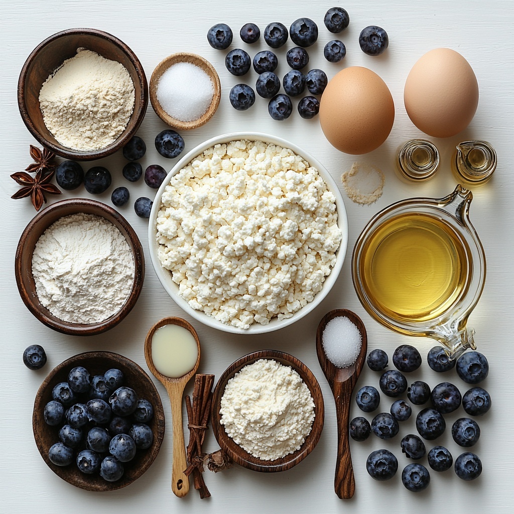 a bright, clean flat lay of all-purpose flour in a small white bowl with a level spoon resting beside it, a teaspoon measuring spoon filled with baking powder, a small heap of ground cinnamon casting a soft shadow on the white surface, a half teaspoon of baking soda and a small pinch of salt neatly placed in tiny ceramic spoons, a rustic bowl of creamy cottage cheese with visible curds, a small glass bowl of granulated sugar sparkling under soft light, a clear measuring cup of smooth milk, a small glass bowl containing golden vegetable oil glistening gently, two fresh large brown eggs with a slight sheen, a slender glass bottle of vanilla extract with a dark amber liquid, and a small pile of plump, ripe fresh blueberries displaying vibrant deep blue and purple hues; all ingredients artfully spaced on a crisp white background with natural soft daylight highlighting textures and colors, minimal shadows, subtle rustic linen napkins and a wooden spoon adding warmth, overhead shot, top down view, flat lay photography, professional food styling --ar 1:1 --q 2 --s 750 --v 6.1