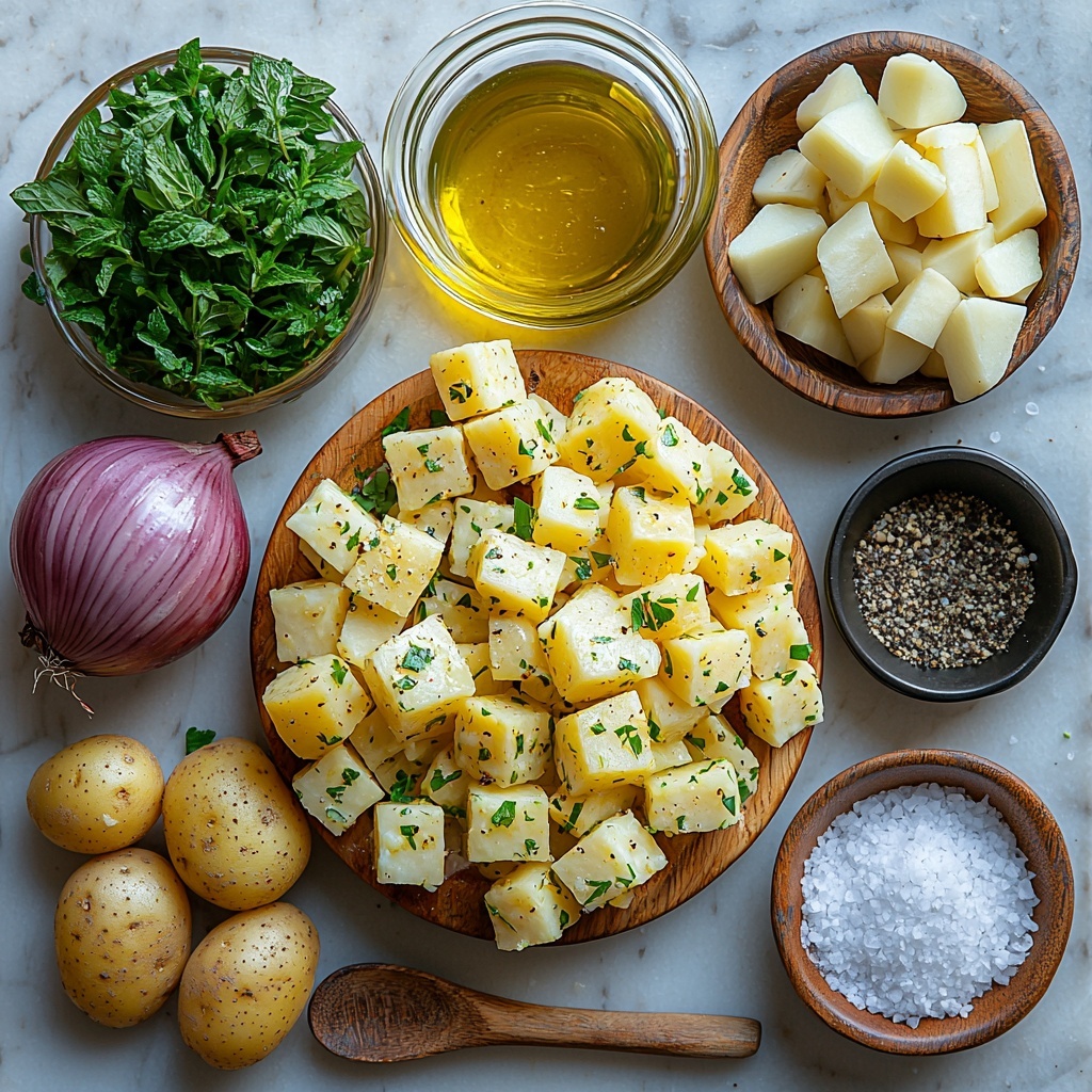 A clean white marble surface arranged with the main ingredients for Turkish potato salad: a cluster of whole scrubbed potatoes with rustic brown skin, a small wooden bowl filled with diced golden potato cubes, thinly sliced vibrant purple-red onion fanned out neatly on a ceramic plate, a small glass bowl holding bright green finely chopped parsley, alongside a smaller bowl of fresh mint leaves finely chopped with a vivid emerald color, a pile of sliced green onions (scallions) with crisp white and green rings, a small elegant glass jar filled with golden extra virgin olive oil glistening under soft natural light, a halved bright yellow lemon with visible juice droplets, a wooden spoon holding coarse salt crystals, a tiny black dish containing freshly ground black pepper, and a small rustic bowl of deep red sumac powder with a slightly coarse texture. The ingredients are spaced evenly with gentle shadows and soft diffused lighting emphasizing the fresh colors and natural textures, styled with minimal rustic props like linen napkins and a sprig of fresh parsley for accent. The composition is clean and vibrant, inviting, with a modern farmhouse feel. Overhead shot, top down view, flat lay photography, professional food styling --ar 1:1 --q 2 --s 750 --v 6.1