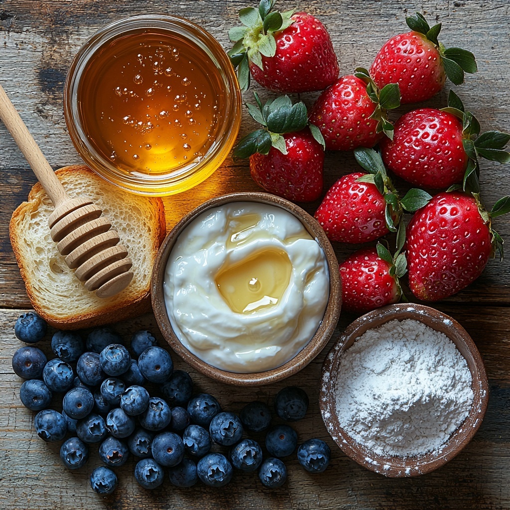 A clean, light wooden surface with a neatly arranged flat lay of fresh ingredients: a small glass bowl of thick, creamy white Greek yogurt; a clear jar of golden honey with a honey dipper resting beside it; a smooth, glossy large brown egg; a small pile of plump, deep blue blueberries scattered near two vibrant red strawberries, sliced thinly to reveal their juicy interiors; four fluffy, golden brioche bread slices stacked slightly fanned out; and a fine mound of snowy white powdered sugar on a small ceramic dish. The scene is bright and airy with natural lighting highlighting the creamy textures, contrasting colors of reds, blues, and warm golden tones, with minimal shadows to emphasize freshness and simplicity. Overhead shot, top down view, flat lay photography, professional food styling --ar 1:1 --q 2 --s 750 --v 6.1