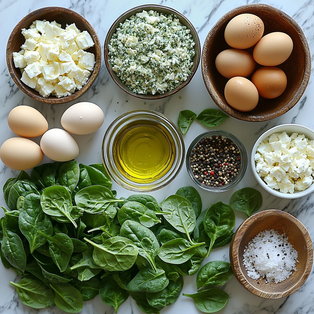 Fresh spinach leaves in a loose pile with vibrant deep green color and delicate texture, a small glass bowl of golden olive oil glistening under soft light, a shallot finely minced with pale purple and white hues scattered gently nearby, two cloves of garlic peeled and minced with creamy white tones, a bowl of chopped artichoke hearts showing light green and cream shades with slightly fibrous texture, sun-dried tomatoes chopped into small pieces with rich, deep red and orange wrinkled texture in a rustic bowl, eighteen large eggs arranged in a carton with smooth light brown shells, a small bowl of creamy white cottage cheese with a slightly lumpy texture, a measuring cup filled with pale off-white milk, a small dish of crumbled feta cheese showing bright white, crumbly texture, pinch bowls of kosher salt and freshly ground black pepper with contrasting white crystals and dark specks, and a handful of finely chopped fresh parsley, basil, and chives placed artfully for a pop of vibrant green freshness. All ingredients are carefully spaced and balanced on a clean white marble surface, soft natural light highlighting textures and colors, subtle shadows adding depth, styled with minimal rustic props like wooden spoons and linen napkins to enhance the fresh and wholesome feel. Overhead shot, top down view, flat lay photography, professional food styling --ar 1:1 --q 2 --s 750 --v 6.1