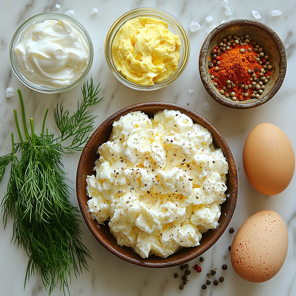 6 large whole eggs with smooth white shells, a small bowl of bright yellow mashed egg yolks, a small glass bowl of creamy white mayonnaise, a tiny glass dish containing golden yellow mustard, a small clear dish with white vinegar, a sprinkle of fine white salt in a delicate ceramic spoon, a few cracks of coarsely ground black pepper scattered artfully, a small heap of deep red smoked paprika powder, fresh sprigs of vibrant green dill weed with feathery leaves, all arranged neatly on a clean white marble surface. The ingredients are spaced evenly in a balanced composition, with soft natural light highlighting the varied textures—from the glossy eggshells to the creamy mayonnaise and smooth mashed yolks—and casting gentle shadows for depth. The colors are vivid yet harmonious, emphasizing freshness and simplicity. Overhead shot, top down view, flat lay photography, professional food styling --ar 1:1 --q 2 --s 750 --v 6.1