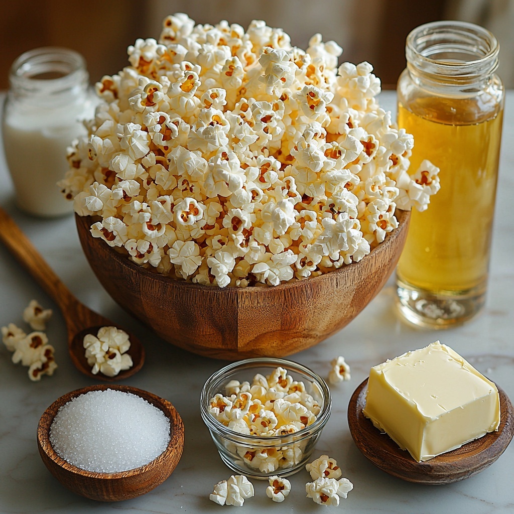 7 quarts of fluffy popped popcorn in a large bowl with a light, airy texture; small glass bowls containing granulated sugar (crystal white grains), light brown sugar (warm caramel-colored, packed), light corn syrup (thick, amber golden syrup consistency), and water (clear, reflective); a small dish with distilled white vinegar (transparent liquid); a tiny bowl of fine white salt; a small glass container with pale vanilla extract; several pats of creamy yellow butter arranged artfully on a wooden butter dish; all ingredients neatly spaced on a clean, light-colored marble countertop with soft natural lighting emphasizing warm tones and subtle shadows; a rustic wooden spoon and a vintage measuring cup placed casually nearby to add inviting, cozy kitchen vibes; a touch of scattered popcorn kernels around the bowls for texture and visual interest; overall harmonious warm hues with contrasting textures from smooth liquids, granular sugars, and fluffy popcorn; overhead shot, top down view, flat lay photography, professional food styling --ar 1:1 --q 2 --s 750 --v 6.1