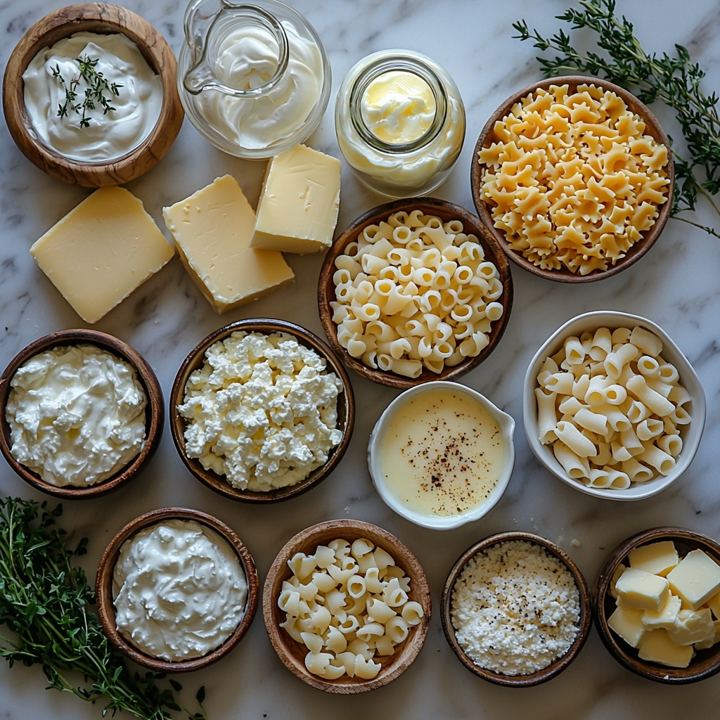 A clean white marble surface with all main ingredients neatly arranged in small clear glass bowls and rustic containers: uncooked elbow macaroni pasta with its pale yellow hue, a small pot of creamy white cottage cheese next to a bowl of rich golden shredded cheddar cheese showing sharp edges and texture, smooth full-fat plain yogurt in a minimalist white bowl, a shiny slab of golden Kerrygold butter on a wooden butter dish, a small jar of Dijon mustard with its glossy yellow-brown color, a wooden spoon resting beside a pile of light golden broth in a clear measuring cup, scattered sprinkles of garlic powder, onion powder, salt, and freshly ground black pepper in tiny white ramekins, and a small glass pitcher holding thick heavy cream with a slight sheen. The layout is thoughtfully spaced to create balance with natural soft lighting casting gentle shadows, highlighting the vibrant colors and creamy textures. Minimal greenery such as a sprig of fresh thyme or parsley adds a subtle pop of color, styled with casual elegance and a hint of rustic charm. overhead shot, top down view, flat lay photography, professional food styling --ar 1:1 --q 2 --s 750 --v 6.1