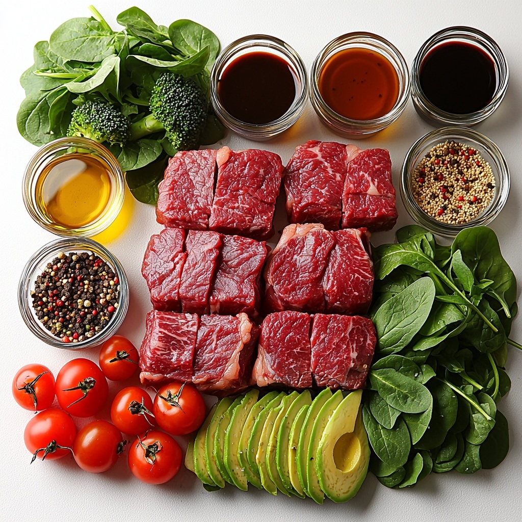 Beef & Broccoli Steak Salad ingredients artfully arranged on a clean white surface: juicy, medium-rare flank steak or sirloin sliced thinly with a rich brown crust and tender pink interior; fresh mixed greens including vibrant dark green spinach, peppery arugula, and crisp light green romaine leaves; bright green broccoli florets, lightly steamed to preserve their texture and color; glossy red cherry tomatoes halved to reveal juicy interiors; thinly sliced translucent red onion rings; creamy pale green avocado slices with smooth texture; small glass bowls containing golden olive oil, dark balsamic vinegar, amber Dijon mustard, soy sauce with glossy sheen, and a pinch of garlic powder alongside salt and pepper grinders; all ingredients spaced evenly to showcase their natural colors and textures, natural soft daylight illuminating the scene, subtle shadows for depth; minimalistic, modern styling with clean lines and uncluttered background emphasizing freshness and healthiness. Overhead shot, top down view, flat lay photography, professional food styling --ar 1:1 --q 2 --s 750 --v 6.1