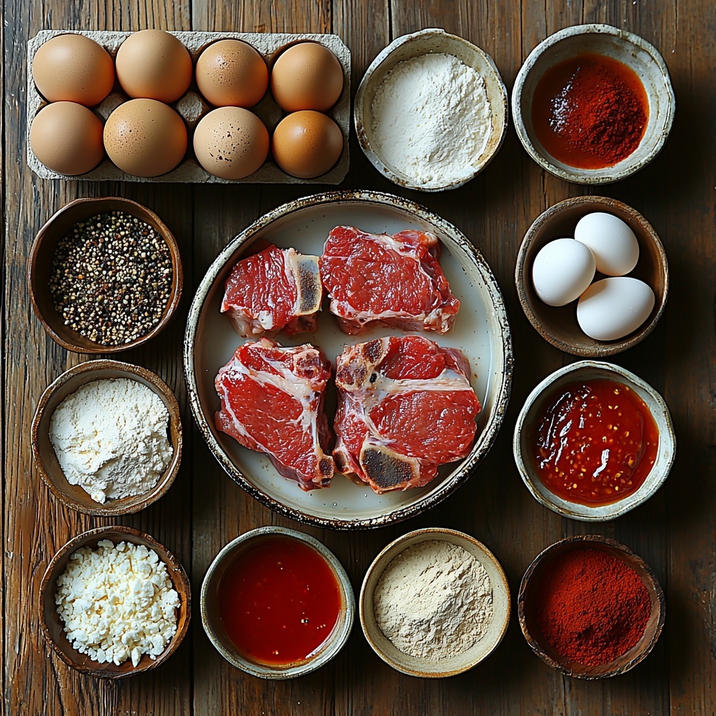 Bone-in pork chops with visible marbling and pinkish-red hues, a rustic glass bowl filled with creamy white buttermilk, two large brown eggs with smooth shells, a small dish of bright red hot sauce, a shallow white bowl containing a mixture of all-purpose flour and cornstarch with a powdery texture, an array of small ceramic bowls each holding vibrant spices: deep red paprika, off-white garlic powder, pale beige onion powder, fine white salt, coarse black peppercorns, and a small dish with a pinch of bright orange cayenne pepper. Arranged neatly on a clean light wooden surface, the ingredients form a balanced composition with contrasting textures—from smooth eggshells and liquid buttermilk to fluffy flour and colorful spices. Natural soft lighting highlights the freshness and earthy tones, with minimal shadows to maintain clarity. Styled with rustic kitchen props like a wooden spoon and a vintage whisk partially visible, emphasizing a warm Southern homestyle cooking vibe. overhead shot, top down view, flat lay photography, professional food styling --ar 1:1 --q 2 --s 750 --v 6.1