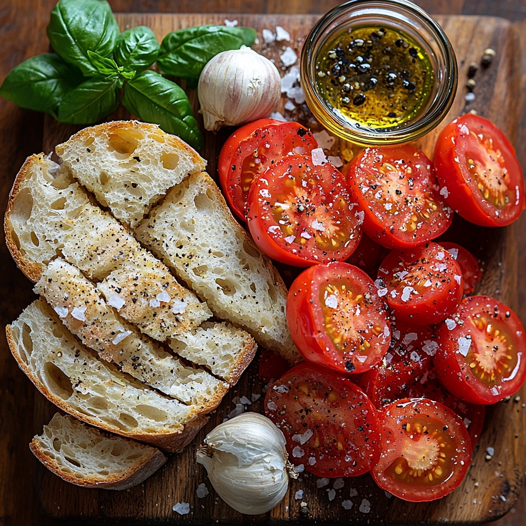 ciabatta bread loaf sliced into rustic, bite-sized pieces with golden toasted edges arranged loosely in the center; peeled garlic cloves with smooth, creamy white skins scattered nearby; two ripe medium vine-ripened tomatoes, one whole with vibrant red glossy skin, one halved to reveal juicy, seed-filled interior; small bowl filled with freshly grated bright red tomato pulp showing juicy texture; small pile of coarse sea salt crystals sparkling white; tiny heap of freshly cracked black peppercorns with dark speckled texture; small glass dish of rich, golden extra virgin olive oil catching light with glossy sheen; fresh chopped bright green basil leaves sprinkled around for color contrast; all elements placed artfully on a clean, light wood or neutral background surface to highlight natural colors and textures; soft natural light creating gentle shadows and enhancing freshness; minimal and elegant styling with slight rustic charm, clean composition emphasizing freshness and simplicity; overhead shot, top down view, flat lay photography, professional food styling --ar 1:1 --q 2 --s 750 --v 6.1