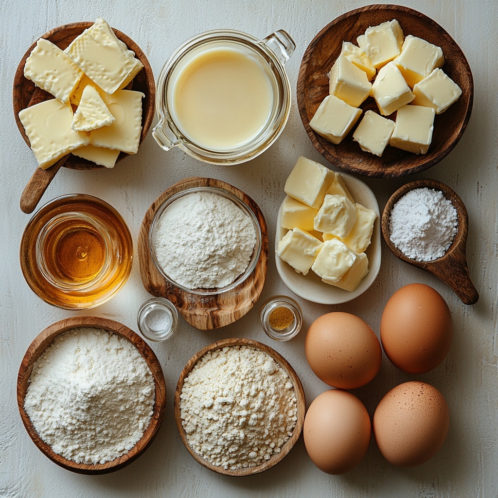 A flat lay of the main ingredients for eggnog cream puffs arranged neatly on a clean white surface: a clear glass measuring cup filled with water, a small bowl of golden unsalted butter chunks, a small dish with fine white salt, a heap of white all-purpose flour on a wooden spoon, four large brown eggs with smooth shells, a small glass pitcher of creamy pale yellow eggnog, a bowl of thick white heavy cream, a small pile of fine powdered sugar on a white ceramic plate, a tiny glass bowl with clear cornstarch powder, and a small bottle or vial of vanilla extract with a dark amber liquid inside. Include rustic wooden kitchen utensils, soft natural light casting gentle shadows, a minimalistic style emphasizing the soft creamy colors and contrasting textures — powdery flour, smooth eggshells, glossy butter, and silky cream. The arrangement is balanced with space between each ingredient, styled to emphasize freshness and inviting warmth. overhead shot, top down view, flat lay photography, professional food styling --ar 1:1 --q 2 --s 750 --v 6.1