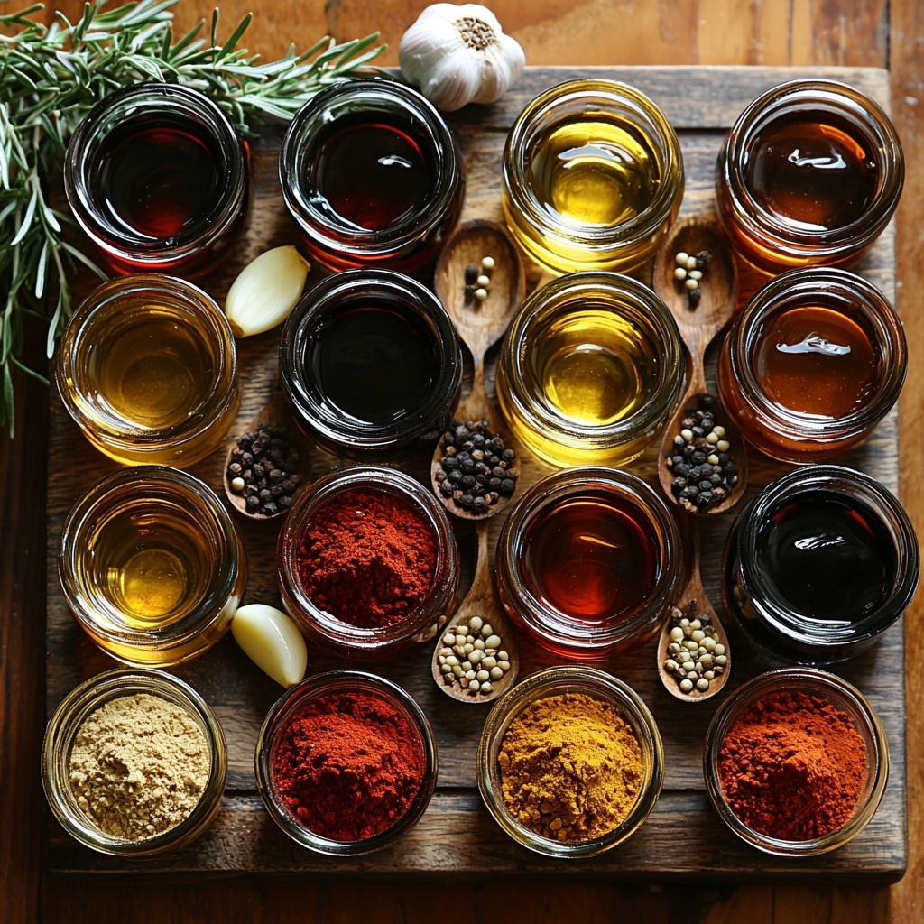 A clean, bright surface with a rustic wooden texture as the base. Neatly arranged small glass bowls and spoons containing the main ingredients: a glossy, deep reddish-brown BBQ sauce in a small bowl, a small clear glass bowl with pale golden apple cider vinegar, a shallow dish with smooth golden olive oil, and a dark, glossy Worcestershire sauce in a tiny glass container. Around these, small piles of vibrant smoked paprika powder with a rich, rusty red color, and fine off-white garlic powder arranged in gentle mounds on the surface. Include a fresh whole garlic bulb and a small rustic wooden spoon resting casually nearby for added texture. Soft natural light highlights the glossy surfaces of the liquids and the fine texture of the spices, casting gentle shadows. The overall composition is clean and minimalist with subtle hints of warmth from the wood, emphasizing contrast between colors and textures. The arrangement feels balanced and inviting, styled for an elegant, professional food photography shot. overhead shot, top down view, flat lay photography, professional food styling --ar 1:1 --q 2 --s 750 --v 6.1